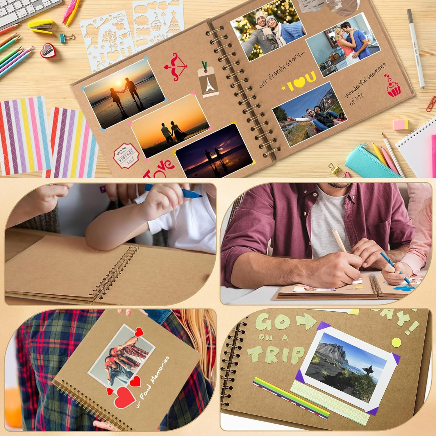 18X18Cm Scrapbook Album DIY Hardcover Kraft Paper Memory Book, 20 Sheets/40 Pages for Photos, Wedding, Family, Travel, Friends, Craft Blank Journal for Creative Projects, Art, Keepsakes (White) image number 6