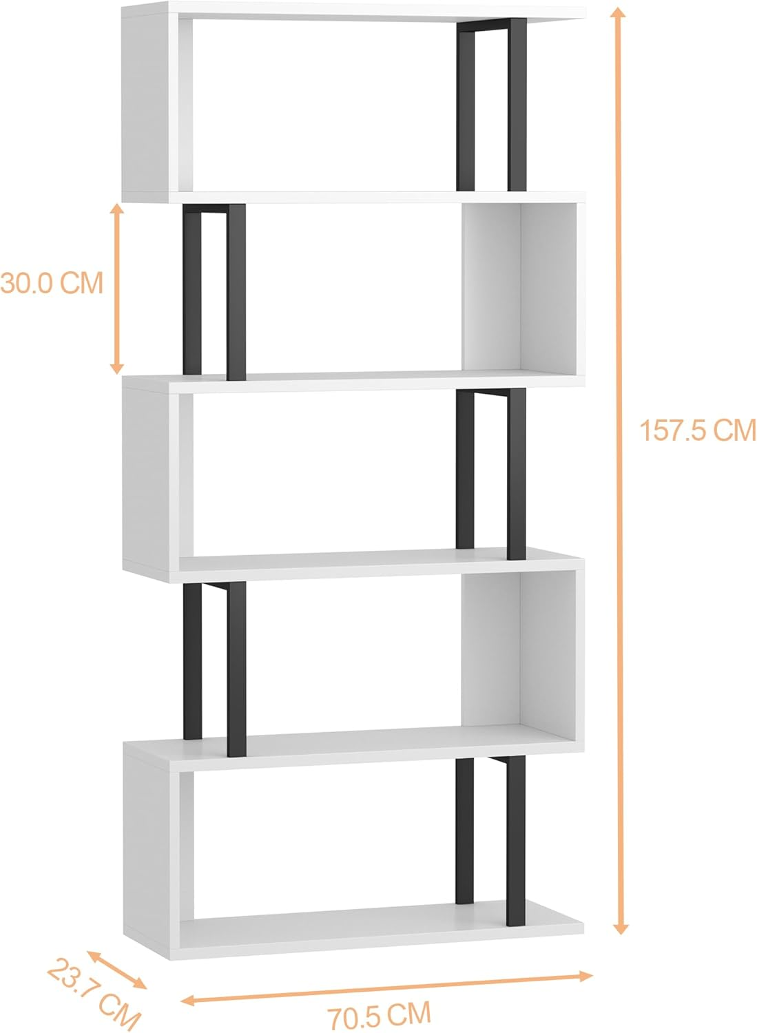 HOMEFORT 5-Tier S-Shaped Bookcase, Geometric Bookshelf for Living Room & Bedroom, Modern Wood & Metal Storage Shelf, Freestanding Display Shelves, Space-Saving Tall Book Shelf White and Black