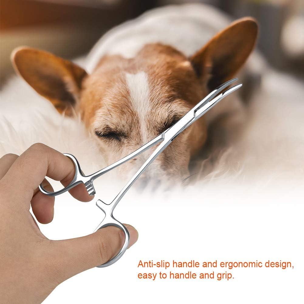 Hemostat Forceps, Curved Tip Cleaning Clamp Ear Hair Tweezers Pet Grooming Scissors Professional Stainless Steel Dog Trimmer Dogs Ears Puller Accessories Silver for Cats Nose Ear Hair(Large) image number 3