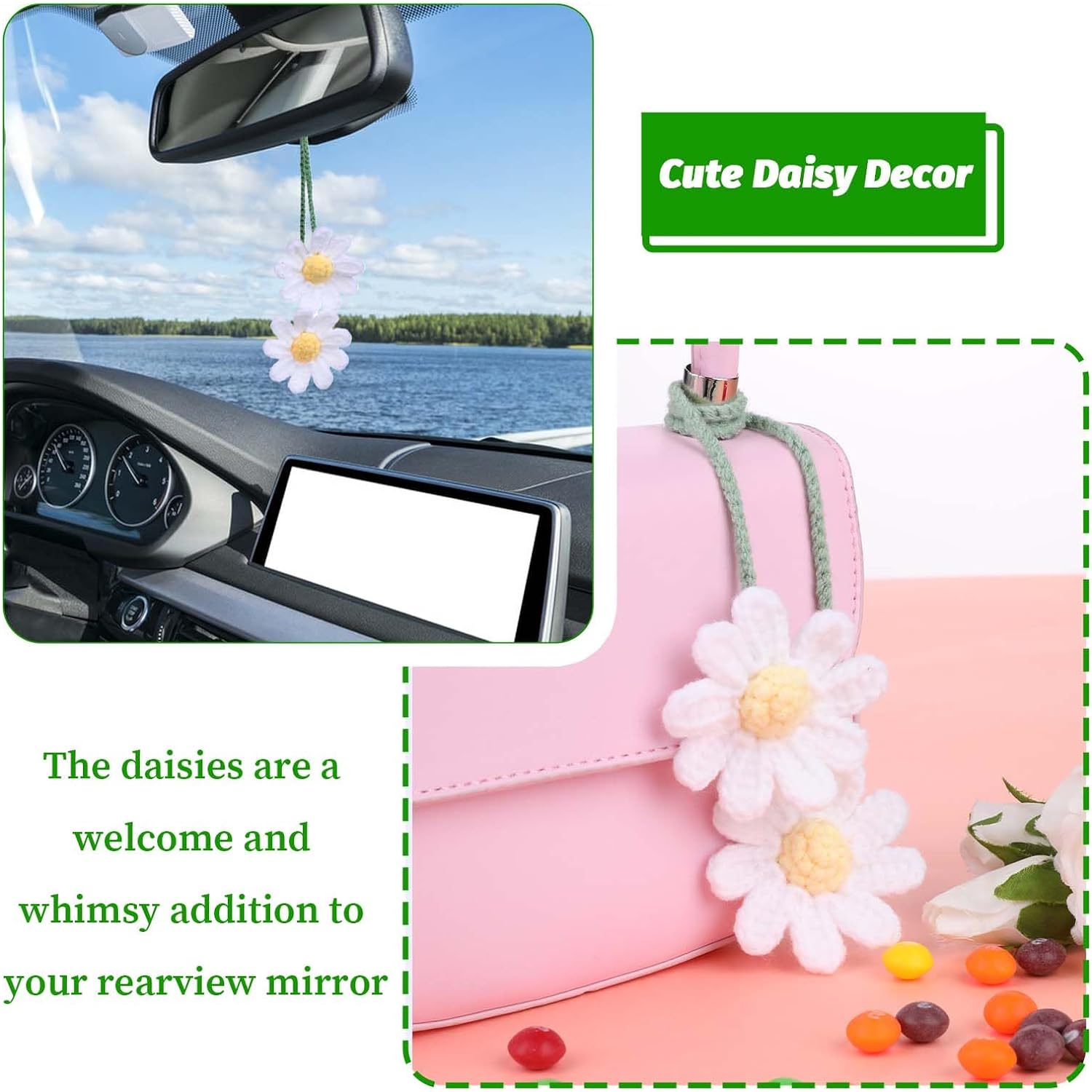 WLLHYF Crochet Daisy Car Pendant Cotton Cute Rear View Mirror Hanging Charms Handmade Knitted Woven Daisy Flower Tassel Car Accessories Automotive Interior Aesthetic (White)