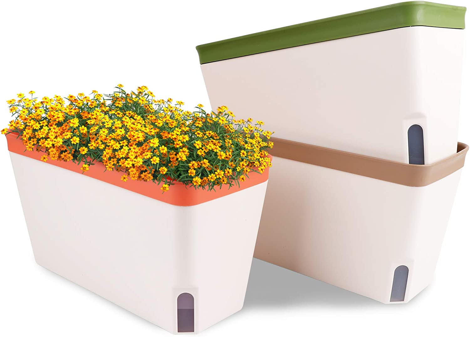 Ourwarm Windowsill Herb Planter Box, Set of 3, Self Watering Plant Pots, 10.5 Inch Rectangular Planter Pots, Decorative Garden Flower Pots for Indoor Plants, Herbs, Vegetables, Flowers (3 Colors) image number 3