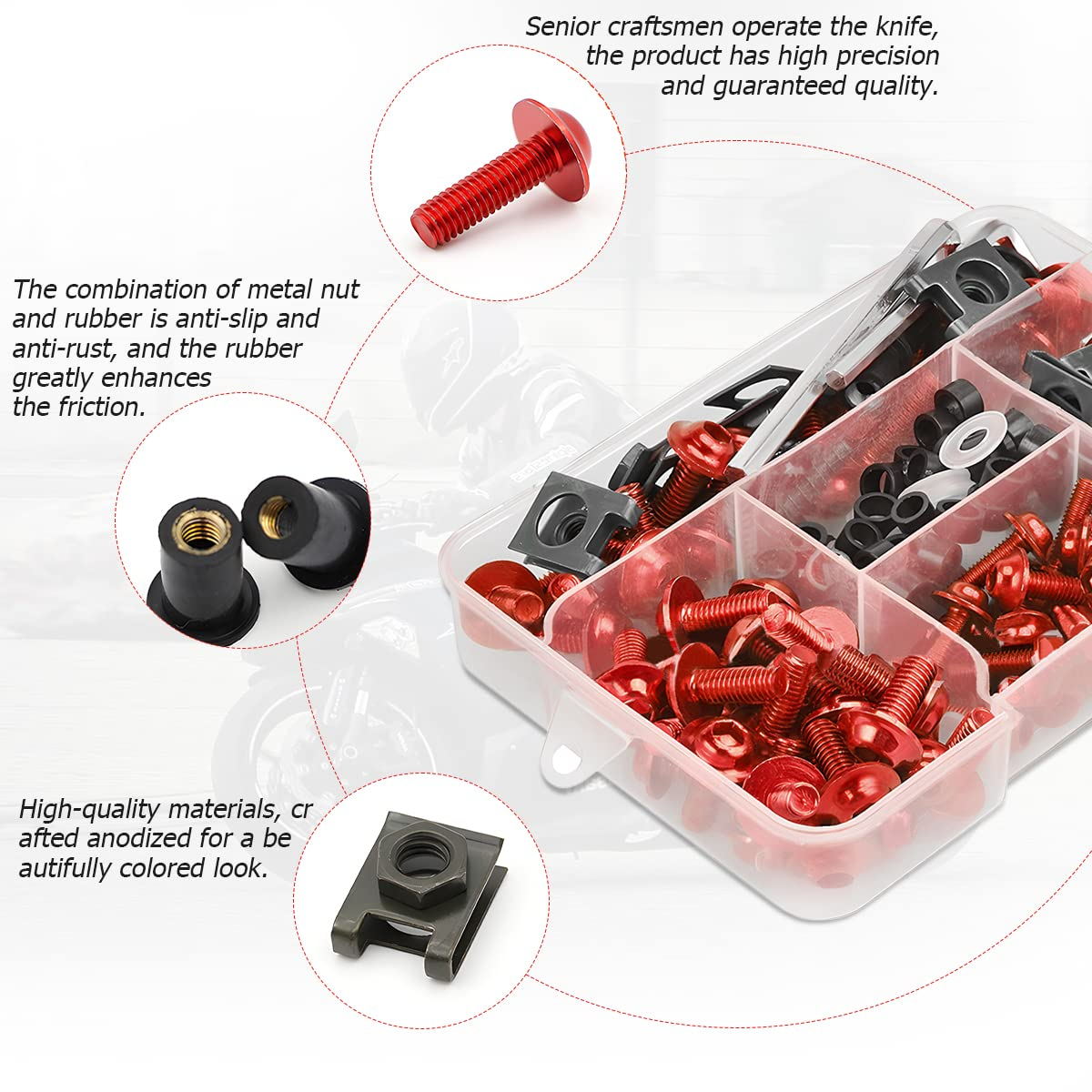 BELOMI Motorcycle Fairing Bolt Kit, 177Pcs M5 M6 Motorcycle Windscreen Screws, Aluminum Fasteners Fairing Bolts Nut Clips Kit, Mounting Kits Washers Nuts Screws Assortment for Sport Bikes (Red) image number 4