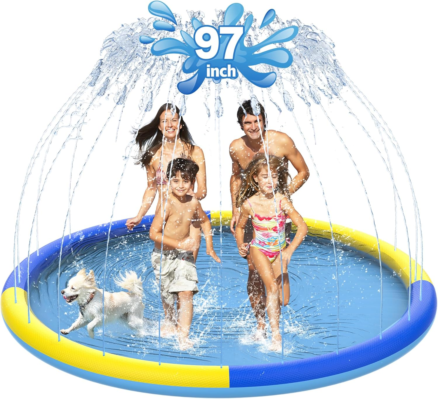 97" Non-Slip Splash Pad for Kids and Dog, Thicken Sprinkler Pool Summer Outdoor Water Toys, Extra Large Backyard Wading Pool for Children Boys & Girls or Pet Dog (Blue&Yellow) image number 1