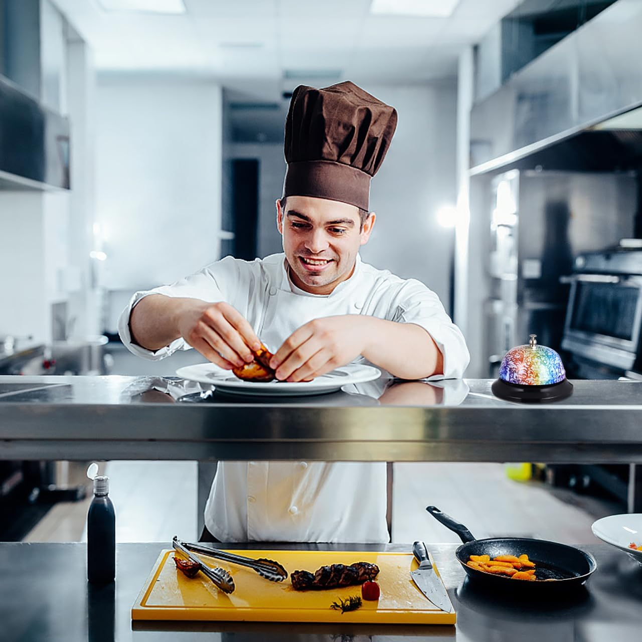 Meal Bell - Metal Service Bell for Restaurants and Home Use Loud Call for Elderly Assistance and Pet Training Multi-Color 3 35 X 3 15 X 2 28 Inches