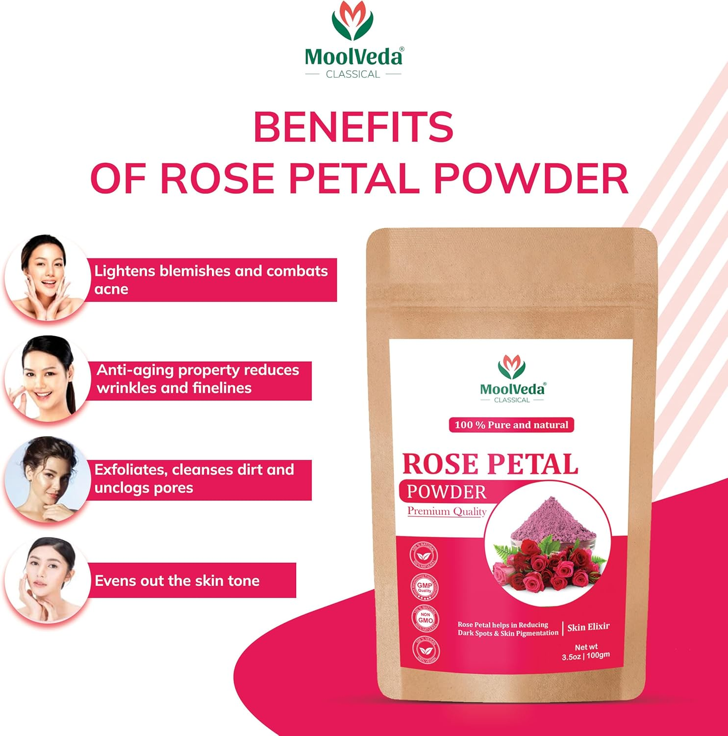 Pure & Natural Rose Petal Powder for Skin, Face Pack Mask for Fairness, Tanning & Glowing Skin, 100Gm