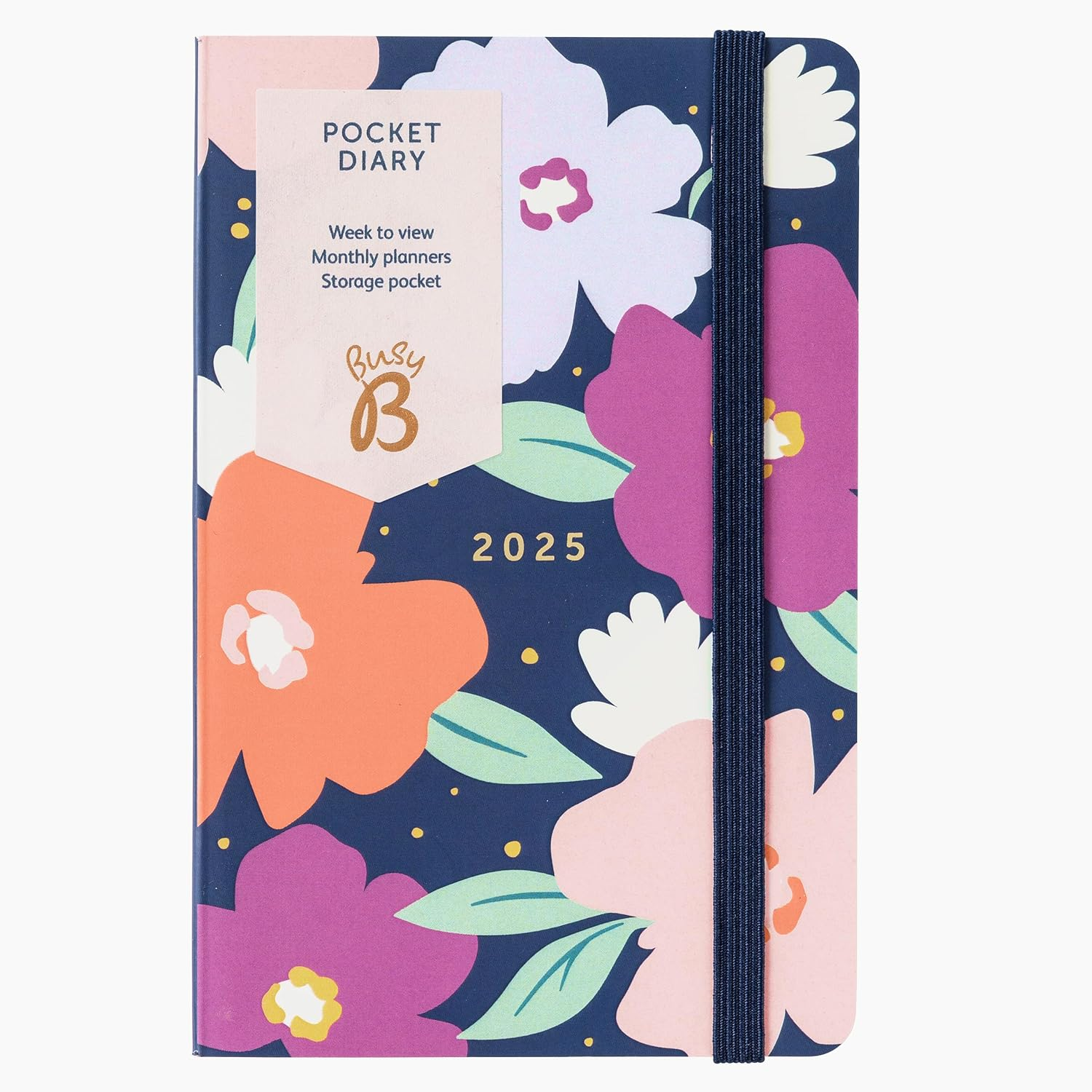 Busy B Pocket Weekly Planner Diary 2025 - Compact Diary for Students, Teachers, Work & More with Week-To-View Layout, Monthly Planners, Notes Pages, Storage Pocket & Elastic Closure Band - Navy Daisy image number 5