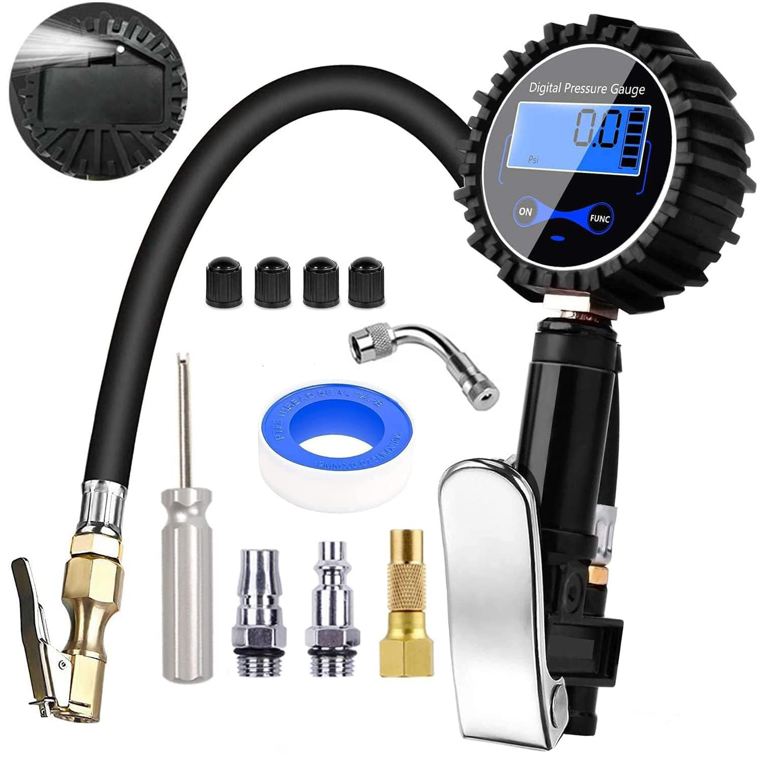 KEWAYO Digital Tire Inflator with Pressure Gauge, 200 PSI Heavy Duty Air Pressure Gauge with Rubber Hose Quick Connect Coupler and Compressor Accessories, for Car Truck Bicycle Motorcycle image number 6