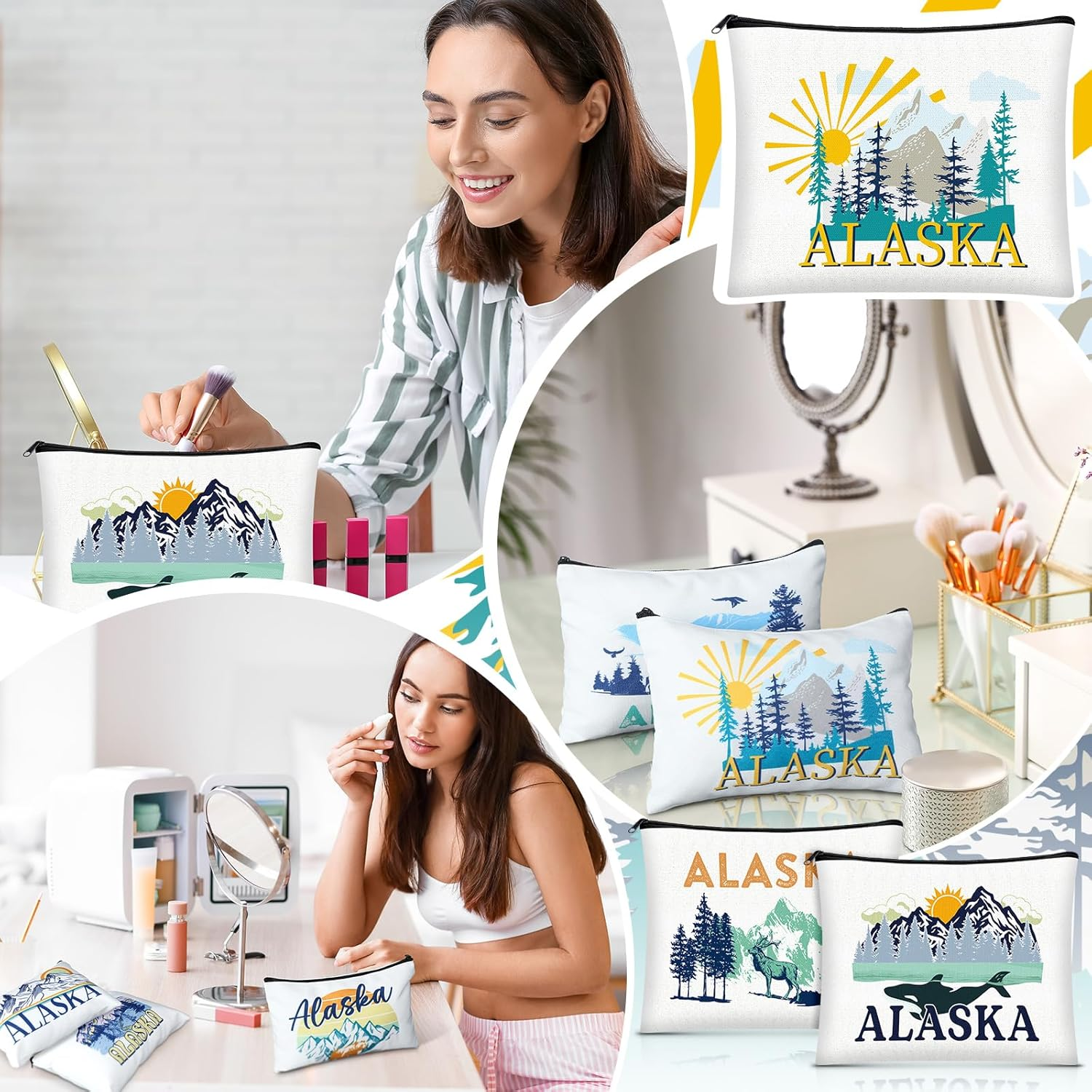 9 Pcs Alaska Cosmetic Bag New York Souvenir Zipper Pouch Los Angeles Souvenir Gifts Italy Paris Broadway Alaska Makeup Purse for Girls Women Traveler Birthday Christmas Party Favors image number 4