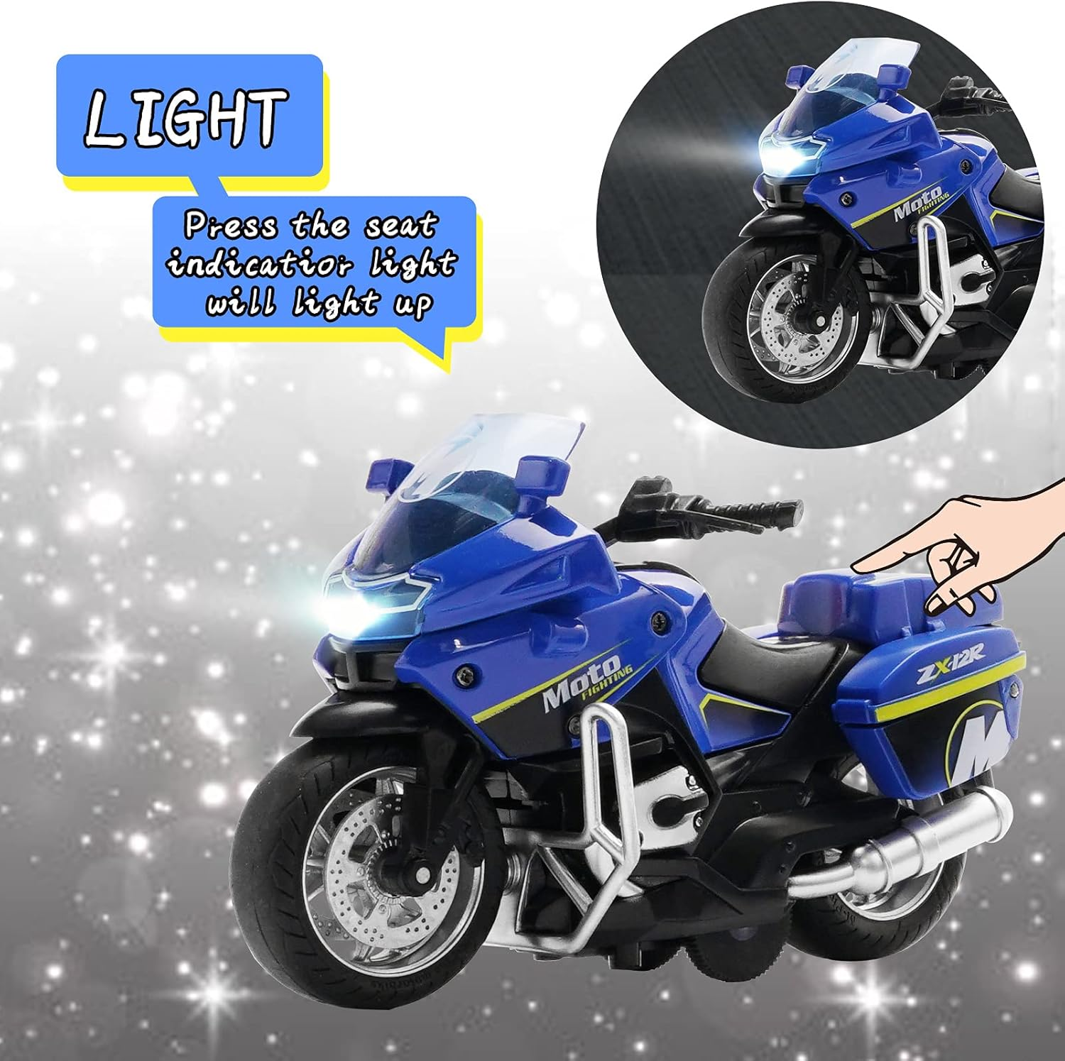 Die Cast Toy Motorcycle Model - Pull Back Vehicles with Sounds and Lights, Motorcycle Toys for Kids 3-9, for Youngsters Who Are into Collectible Scaled Cars and Motorcycles (Blue) image number 3