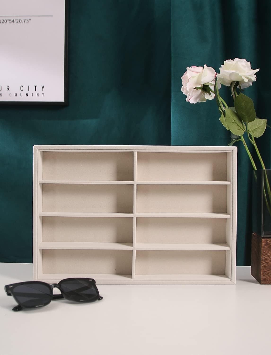 Sunglass Organizer Tray, Beige Velvet Glasses Trays, Eyeglasses Watches Jewelry Display Organizer Tray Box for Men Women (8 Grids Beige)