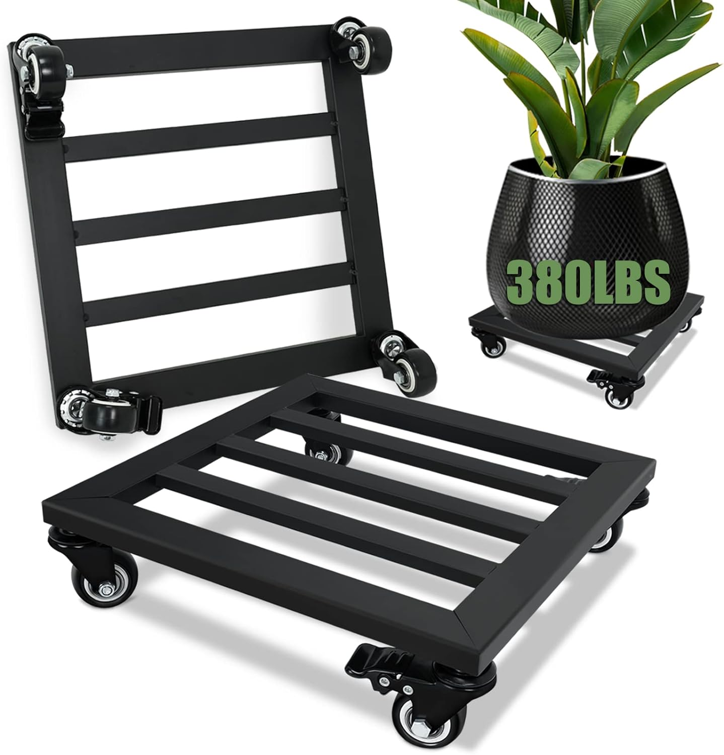 Plant Caddy with Wheels, 2 Pack 12 Inch Plant Stand with Wheels Metal Square Plant Dolly with Lockable Caster Wheels Heavy Duty Plant Dolly Base for Indoor Outdoor Holds up 380 Lbs Pots Planter, Black image number 5