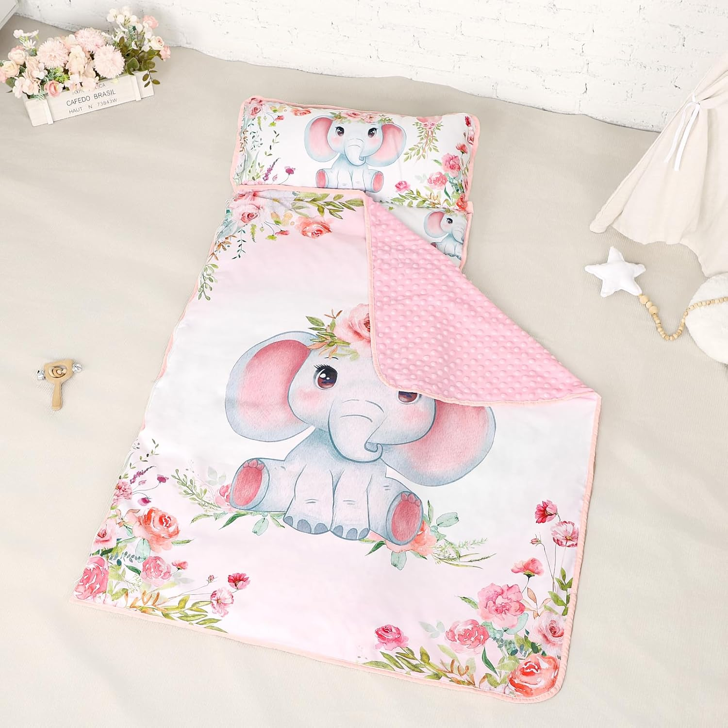 Toddler Nap Mat for Preschool, Soft Sleeping Mats for Kids Boys Girls, Detachable Zipper, 55" X 23" Fit Stackable Kiddie Cot, Pink Elephants