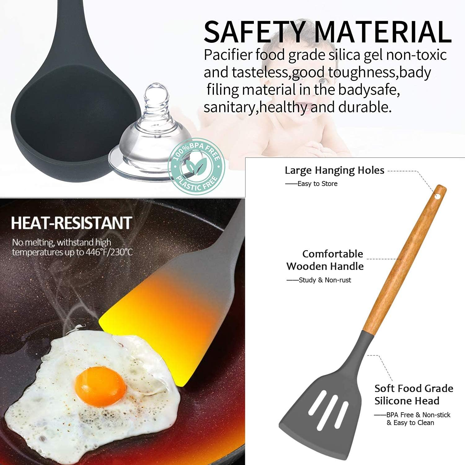 Kagoling Kitchen Utensil Set, Non-Stick Heat Resistant Kitchen Utensil Set, Silicone with Wooden Handle, 13 Pieces, Kitchen Utensils Including Spoons, Tongs, Whisk, Spatula image number 5