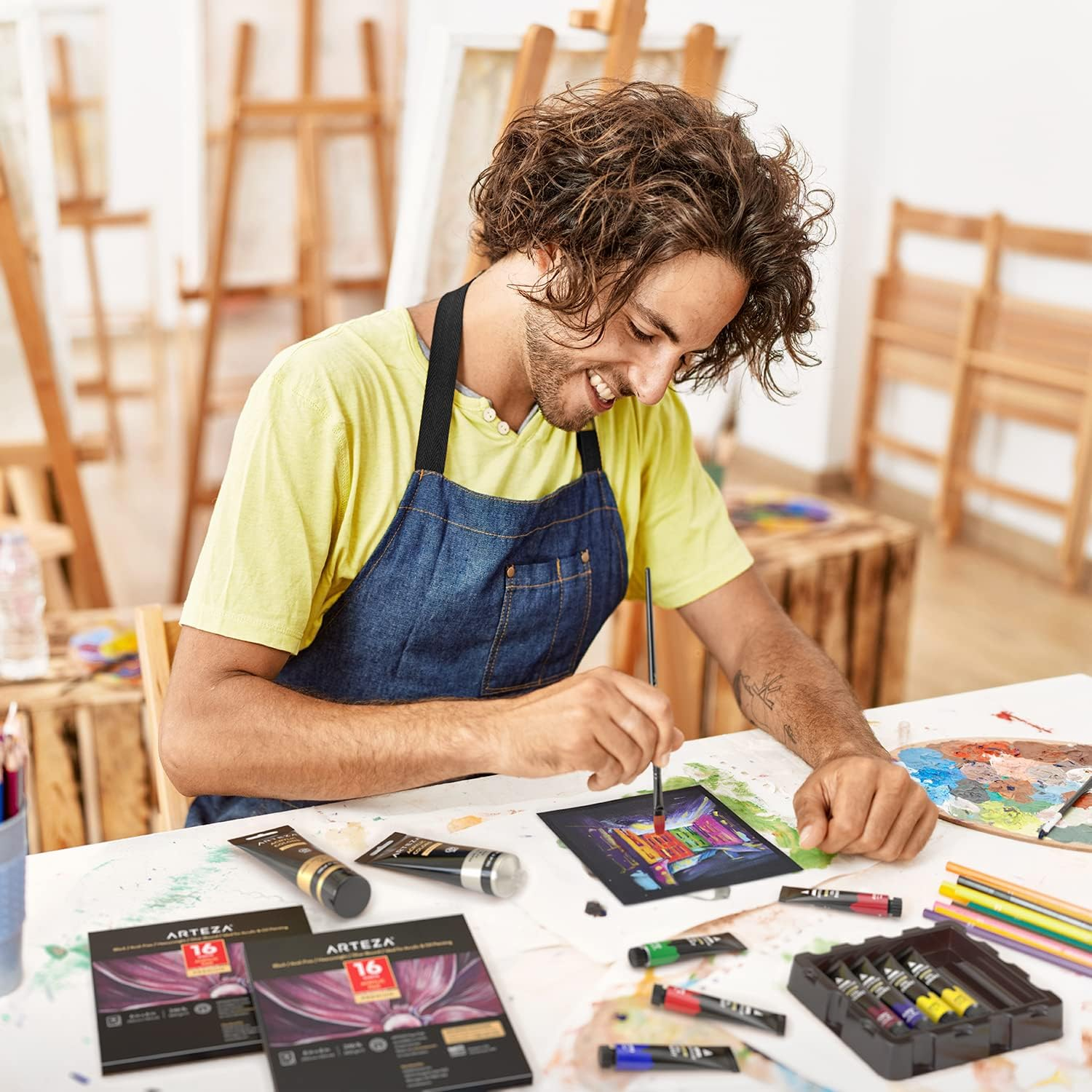 Arteza Black Acrylic Sketchbook, Pack of 2, 6 X 6 Inches, 16 Sheets Each, 246-Lb Painting Pad, Art Supplies for Acrylic and Oil Painting, Drawing and Sketching - Black image number 4