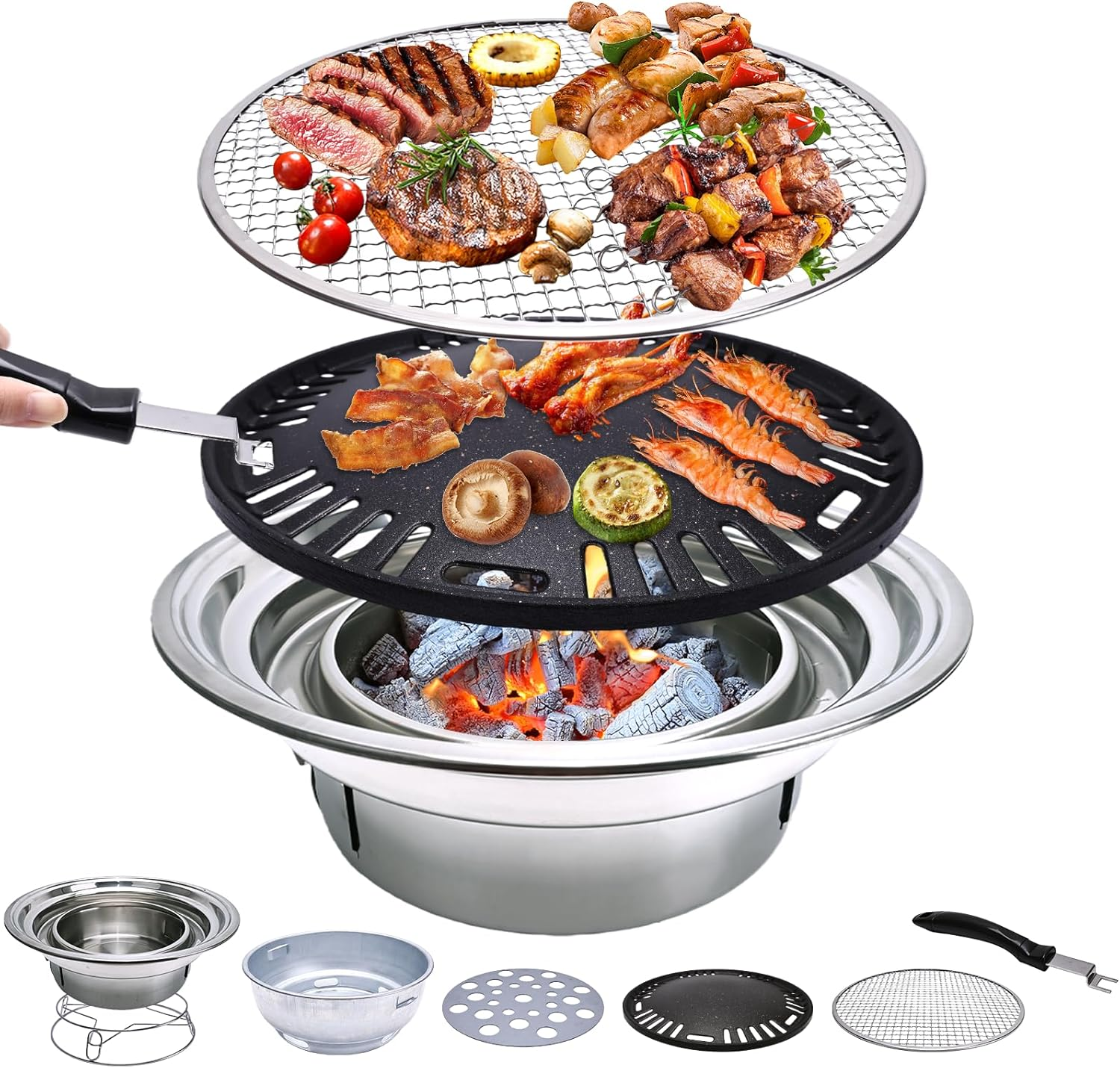 Primst Multifunctional Charcoal Barbecue Grill, Household Korean BBQ Grill, Portable Camping Grill Stove, Tabletop Smoker Grill