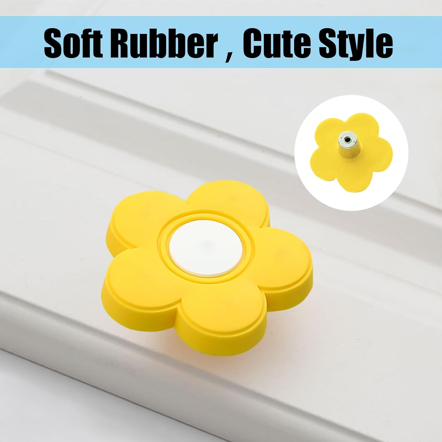 6Pcs Yellow Flower Shape Knobs - Soft Rubber Handles, Cabinet Drawer Pulls for Kids' Rooms & Closets, 1.8X1.8X0.85 Inch with Screws image number 1