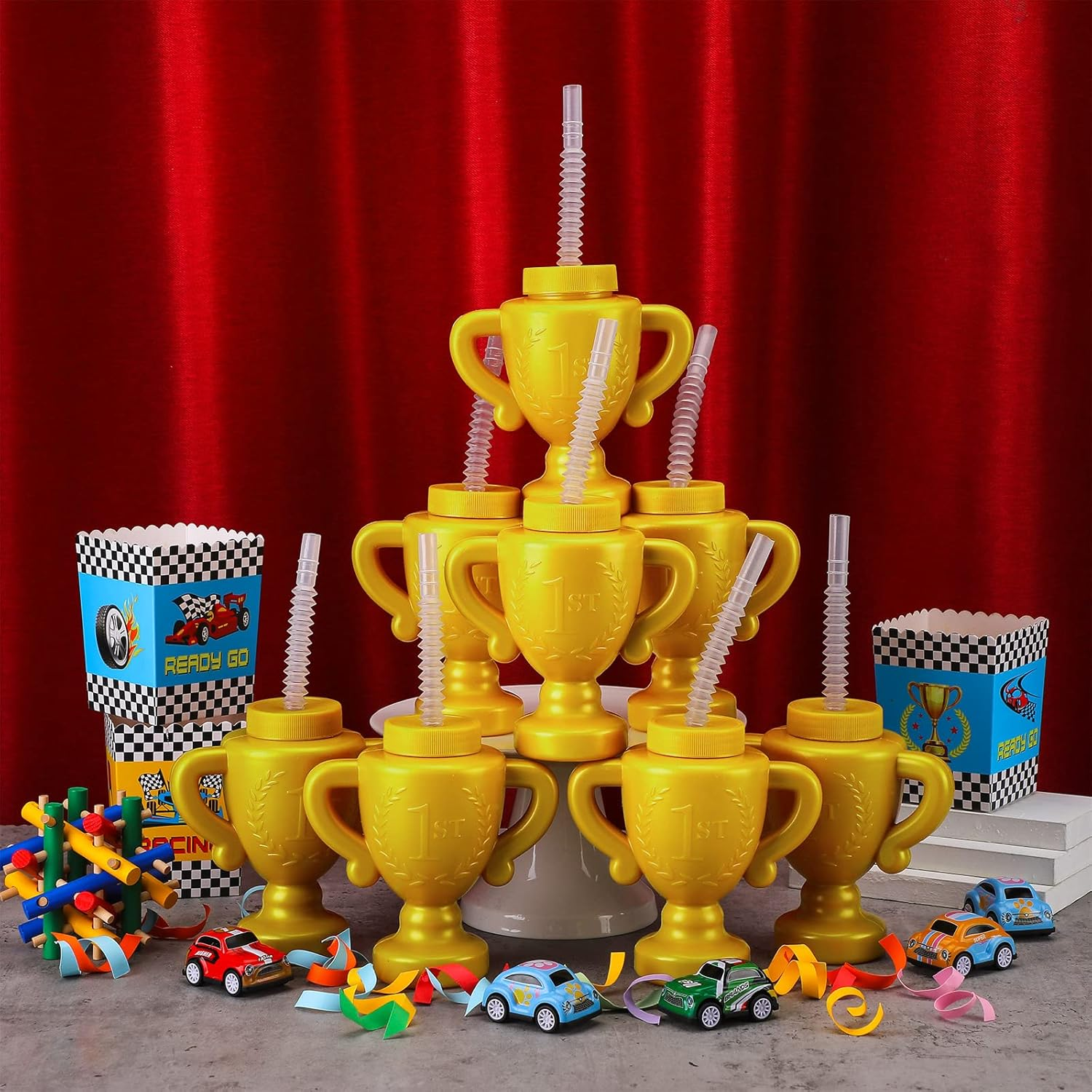 Meanplan 24 Pieces Race Car Trophy Cups with Straws Bulk for Kids 10 Oz Reusable Trophy Cups Golden Race Car Cups Creative Party Cups Bulk for Car Birthday Party Favors Decorations and Supplies