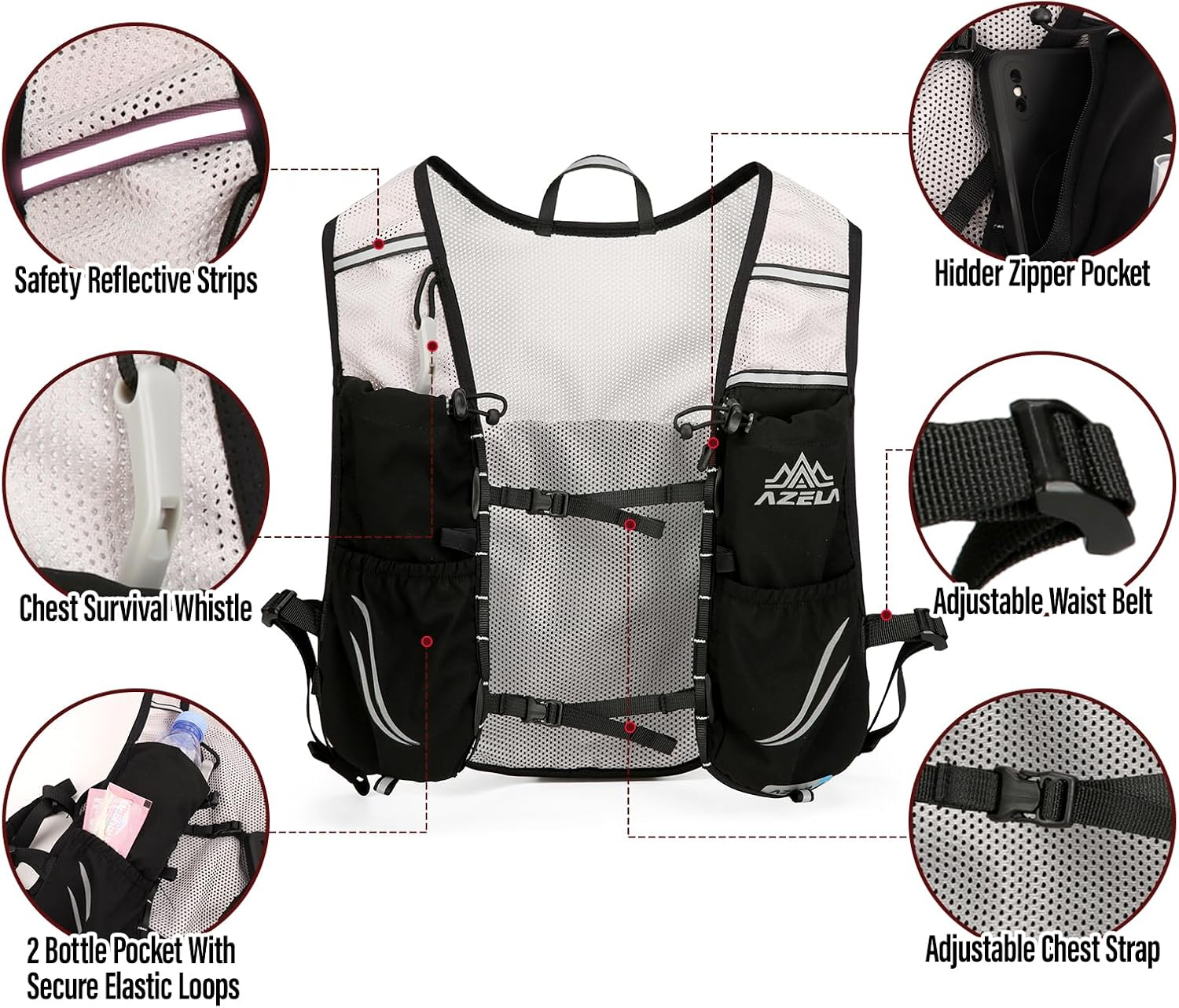 Running Vest Backpack, Lightweight Breathable Hydration Vest with Reflective Strips, Multi-Functional Adjustable Running Vests Womens Men for Outdoor Hiking Cycling image number 6