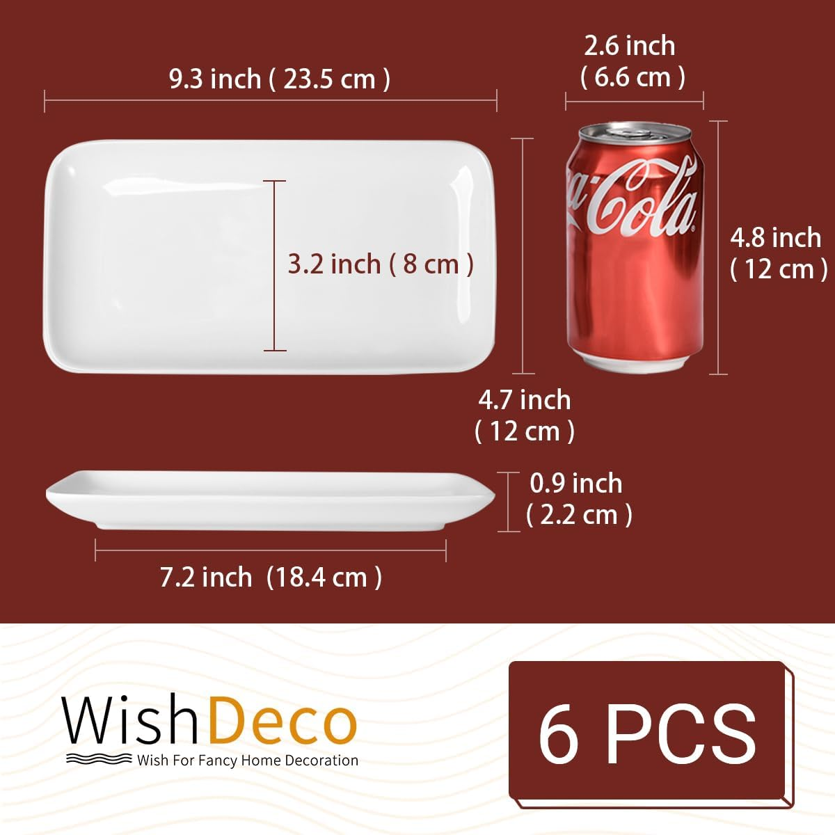 Ceramic Rectangle Plates Set of 6, White Serving Platters, 23.5 Cm Small Serving Plates, Porcelain Party Plates for Appetizer, Dessert, Salad, Sushi, Snack, Cake image number 2