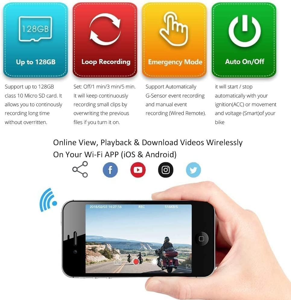 VSYSTO Motorcycle Dash Cam,All Waterproof,150 Degree Fish Eye,Motorbike Recording Camera Dvr,With 2'' Screen,Dual 1920X 1080P Front and Rear Camera Driving Recorder,Wdr,Rear Mirror Image