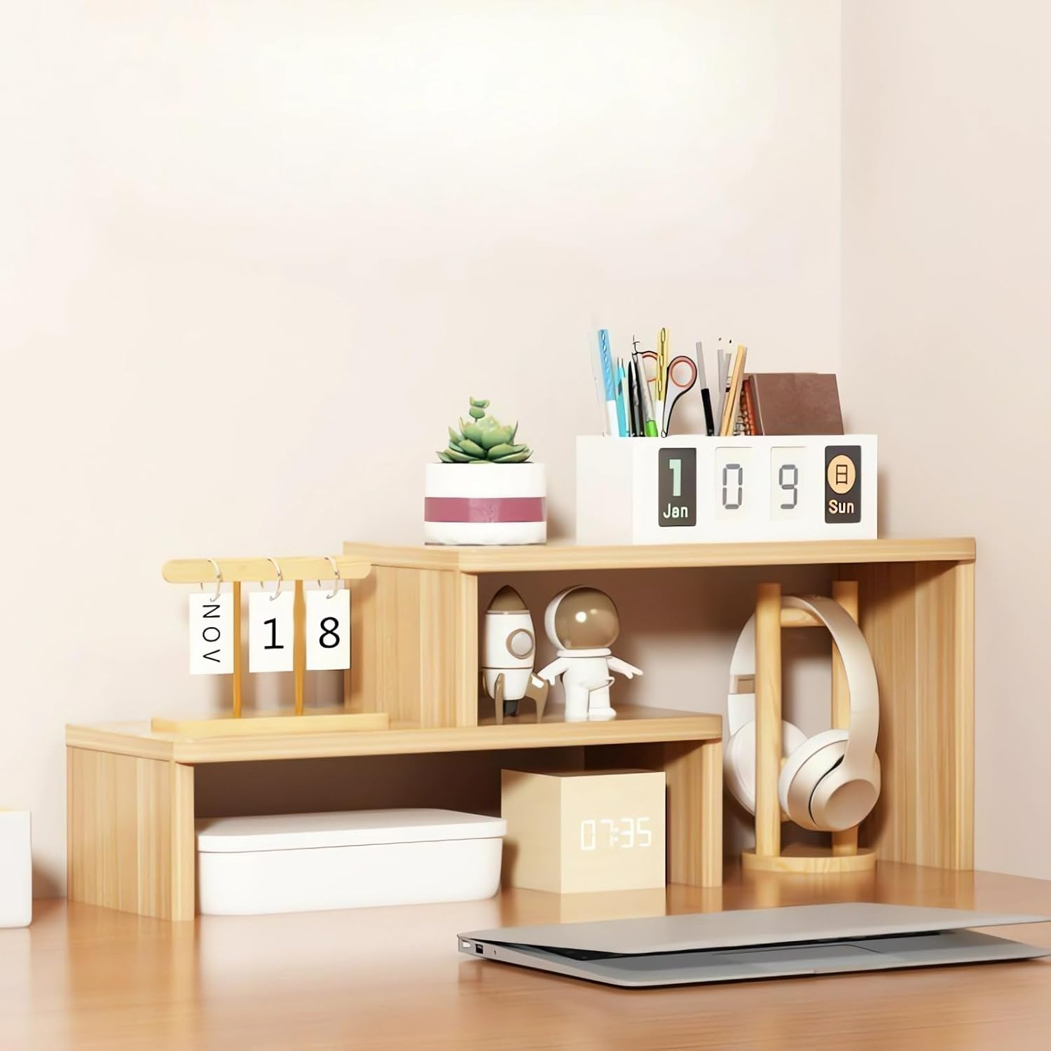 Desktop Organizer Rack, Office Desk Storage Shelf, Wooden Bookshelve, Desktop Bookcase Wood Bookshelf AA68 (Wood, 60X12X24CM) image number 3