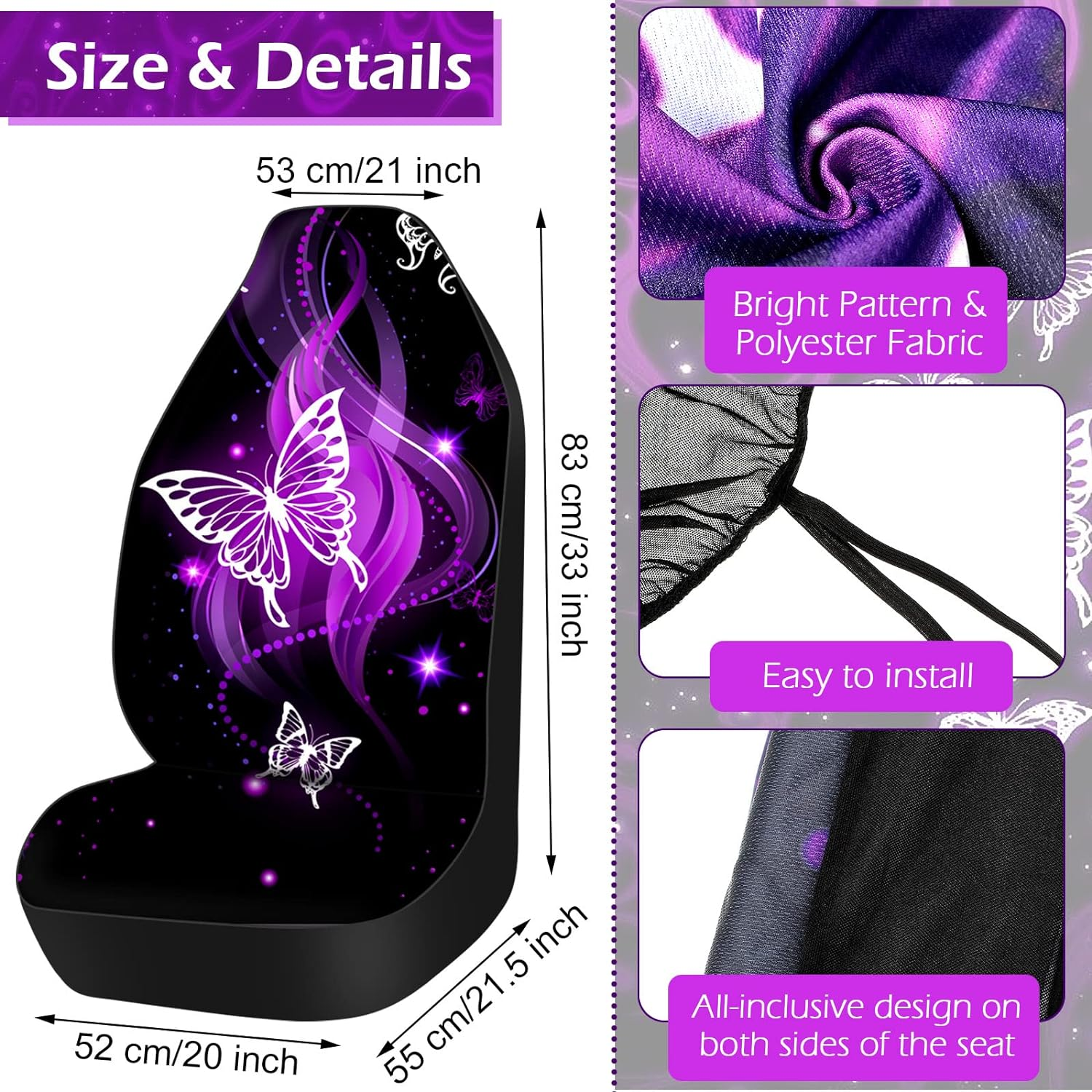 Frienda 10 Pcs Car Seat Covers for Women Accessories Interior Seat Covers with Steering Wheel Cover, Wrist Strap, Car Cup Mats, Armrest Pad, Shoulder Pad, Key Chain(Butterfly) image number 6