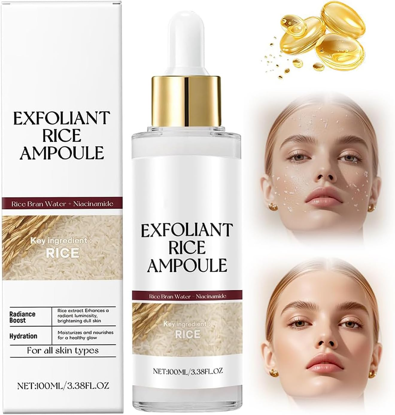 Black and White Rice Exfoliant, Rice Exfoliating Peeling Solution, Glowing Skin Smooth Texture and Pore Cleansing Facial Exfoliant, for All Skin Types,100Ml (White-2Pc)