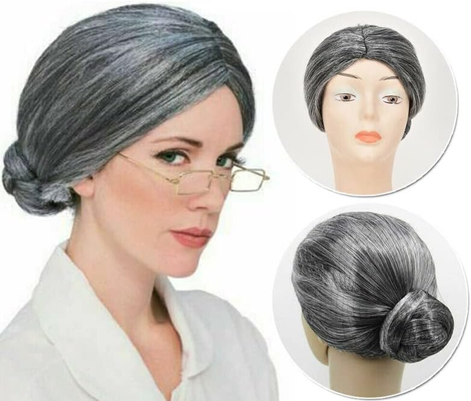 Grandma Wig Old Lady Woman Grey Silver Granny Mother Dress up for Parties, Unisex & One Size Fits All image number 1