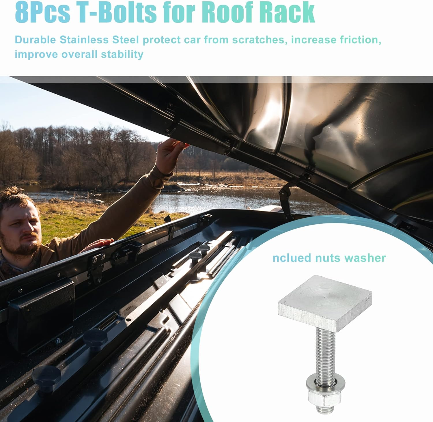 X AUTOHAUX 8Pcs Universal Roof Rack T Shaped Bolt Rooftop Cargo Carrier Rack Bolt T Shaped Slots T Shaped Track Bolts W/Nuts Washers Bike Rack Cross Bar Adapter White image number 4