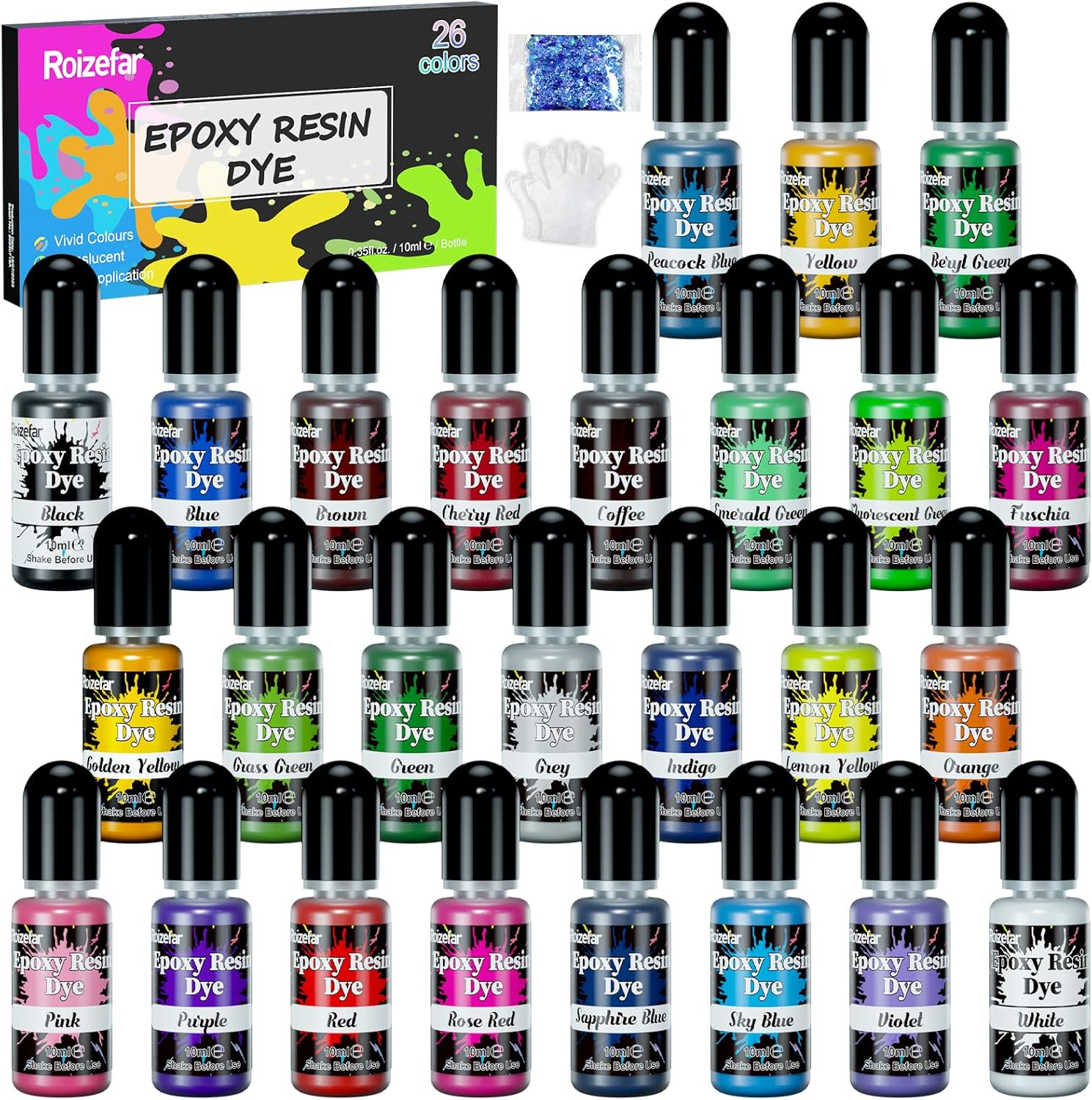 Roizefar Epoxy Resin Pigment - 26 Color Liquid Transparent Resin Colorant,Epoxy Resin Dye for Resin Colour Art, DIY Jewelry Making Supplies - AB Resin Colouring for Paint, Crafts- 10Ml Each