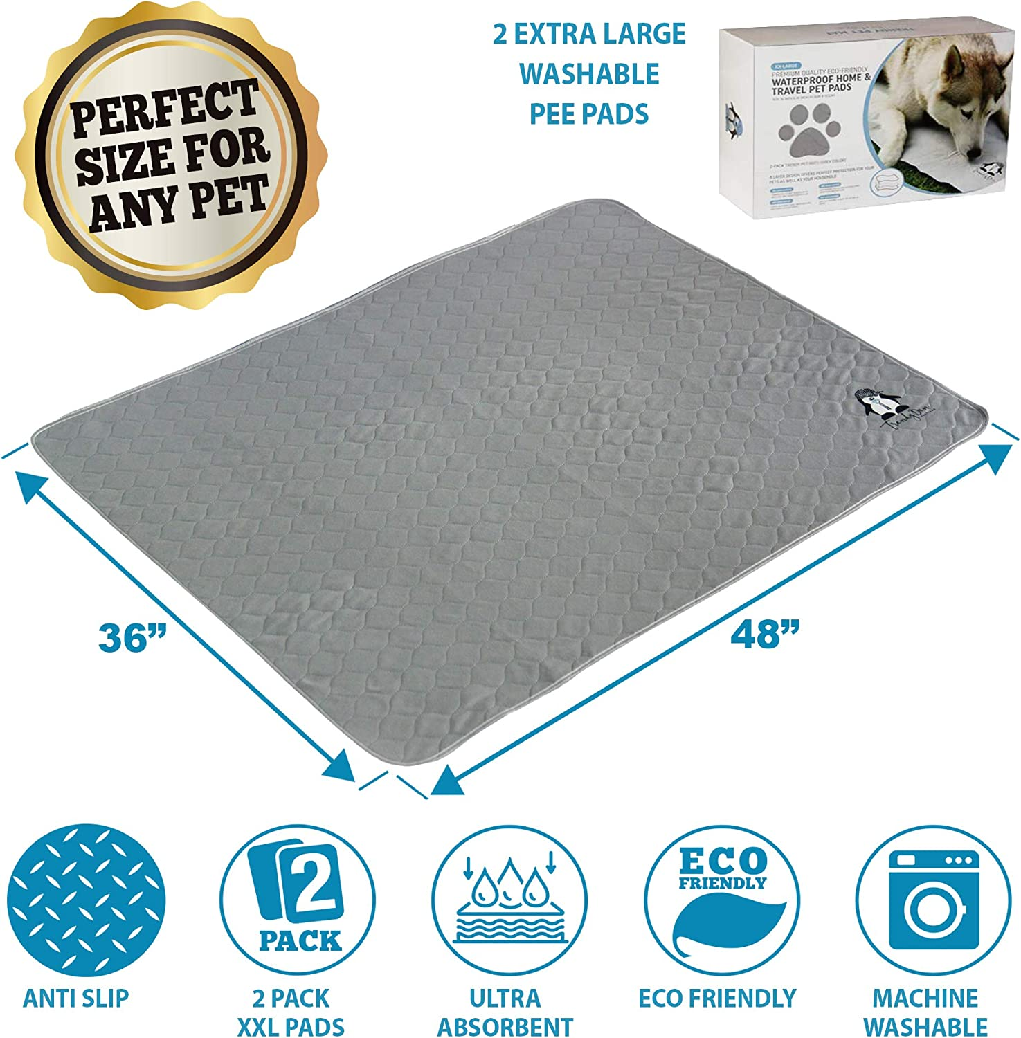 Washable Pee Pads for Dogs XL (2 Pack), Reusable Puppy Training Pads, Ultra Absorbent & Waterproof Pet Mat for Senior Dogs, Non-Slip, Floor & Furniture Protector (122Cm X 92Cm) by Trendy Den Creations