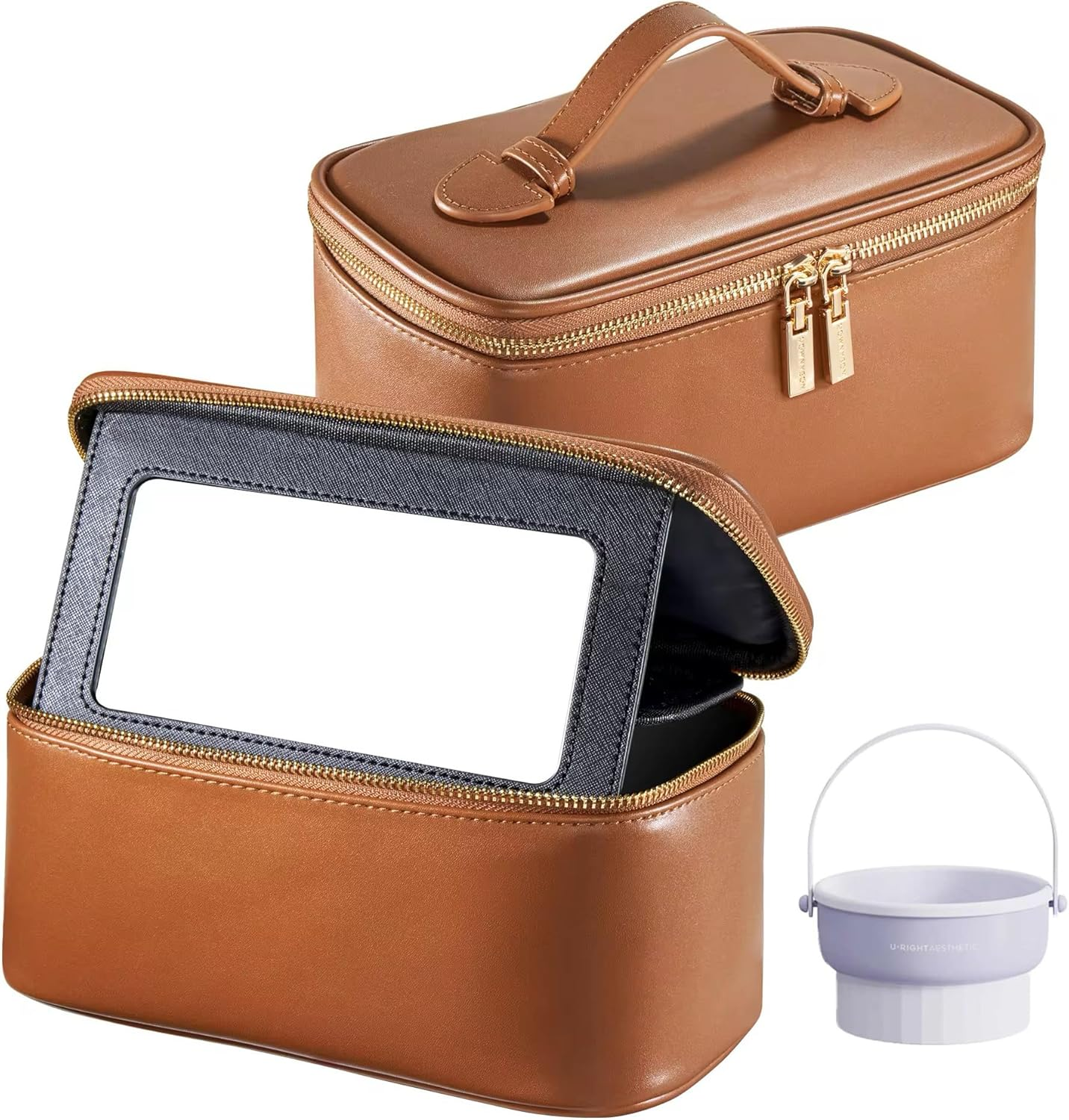 Chic Makeup Bag with Mirror Large Capacity Storage Detachable Mirror Vanity Type Cosmetic Bag Portable Small Items Organizer Travel/Business Use Skincare Storage (Standard Model Brown)