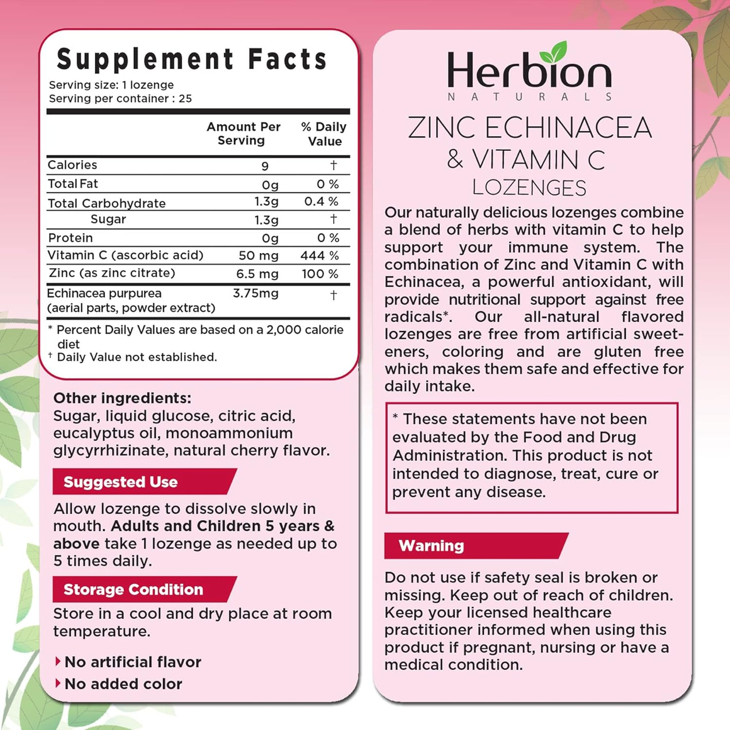 Herbion Naturals Zinc, Echinacea and Vitamin C Lozenges with Natural Cherry Flavor - 25 CT &ndash; Dietary Supplement &ndash; Supports Immune System &ndash; Promotes Overall Good Health for Adults and Children 5+&hellip; image number 5