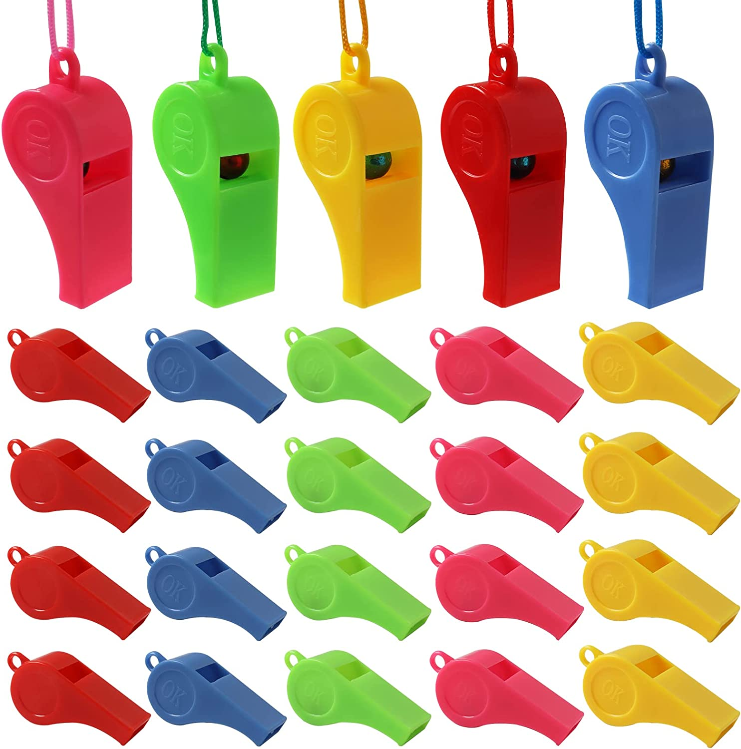 48 Pcs Neon Plastic Whistles with Lanyards Colorful Fun Noise Making Whistles for Party Sports,Party Favors,5 Colors image number 3