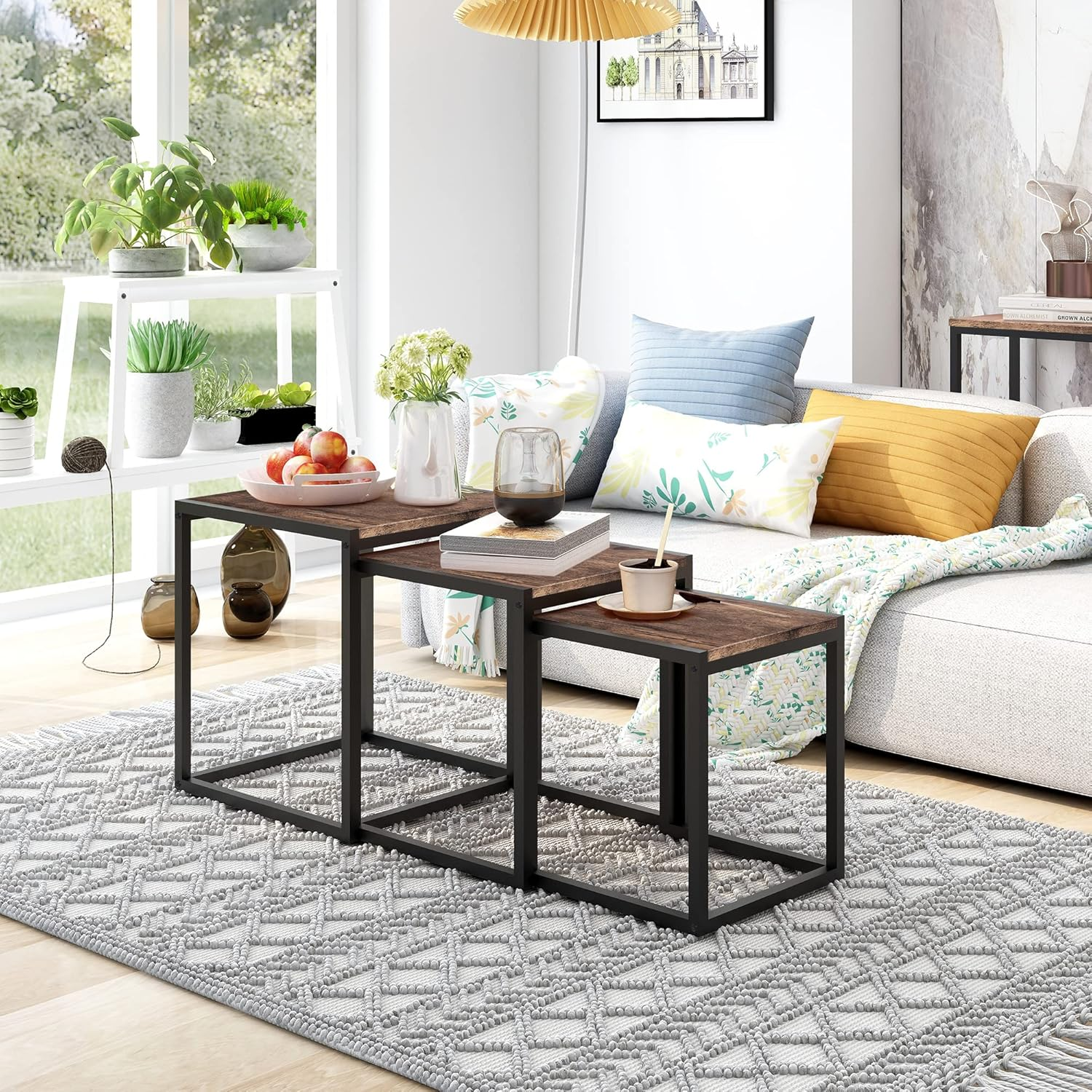 Nesting Table Set of 3 End Tables, Modern Minimalist Coffee Table, Stackable Tables with Metal Wood Stacking Side Table for Living Room, Bedroom, Brown/Black - Brown/Black image number 4