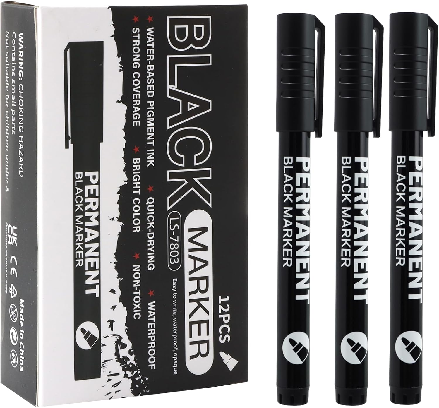 12 Pcs Black Permanent Marker Pen, Acrylic Gel Painting Pen for Glass Stone Rock Ceramic Wood Tire Fabric Metal Carton Mobile Phone Case, Water Based Waterproof Quick-Drying Strong-Coverage