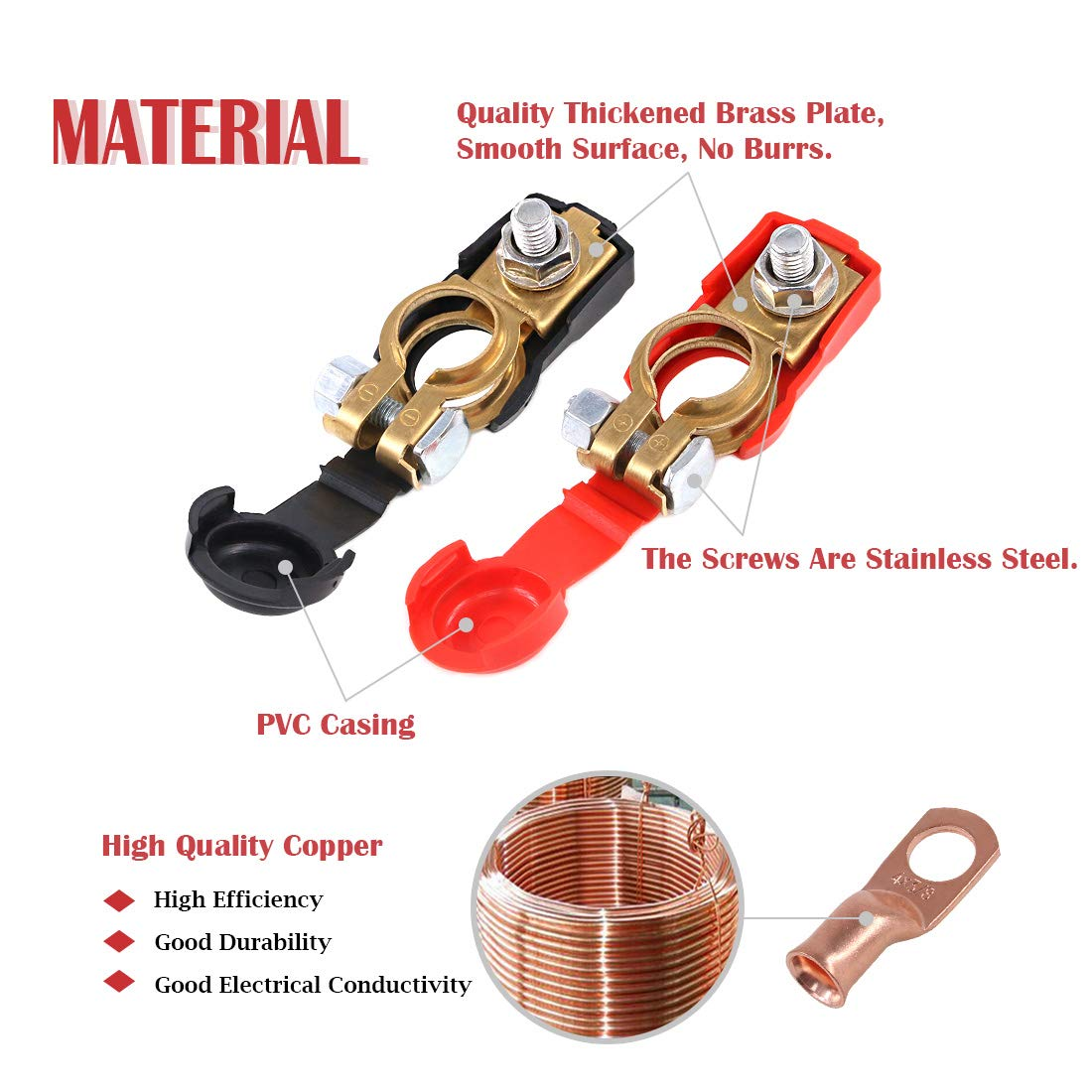 Hilitchi 1 Pair Car Battery Terminal Connectors Clamp and 6 Pcs Wire Lugs Battery Cable Ends Copper Eyelets Negative and Positive Top Post Copper Corrosion Resistance for Car Van and More image number 5