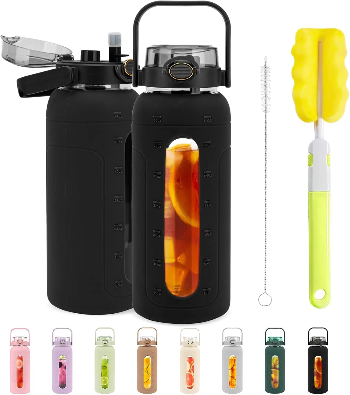 Tronco 64 Oz Glass Water Bottles with Straw and Handle Lid,Half Gallon Water Bottle with Silicone Sleeve&Time Marker,Large Reusable Motivational Glass Water Jug Leakproof for Gym/Workout/Travel