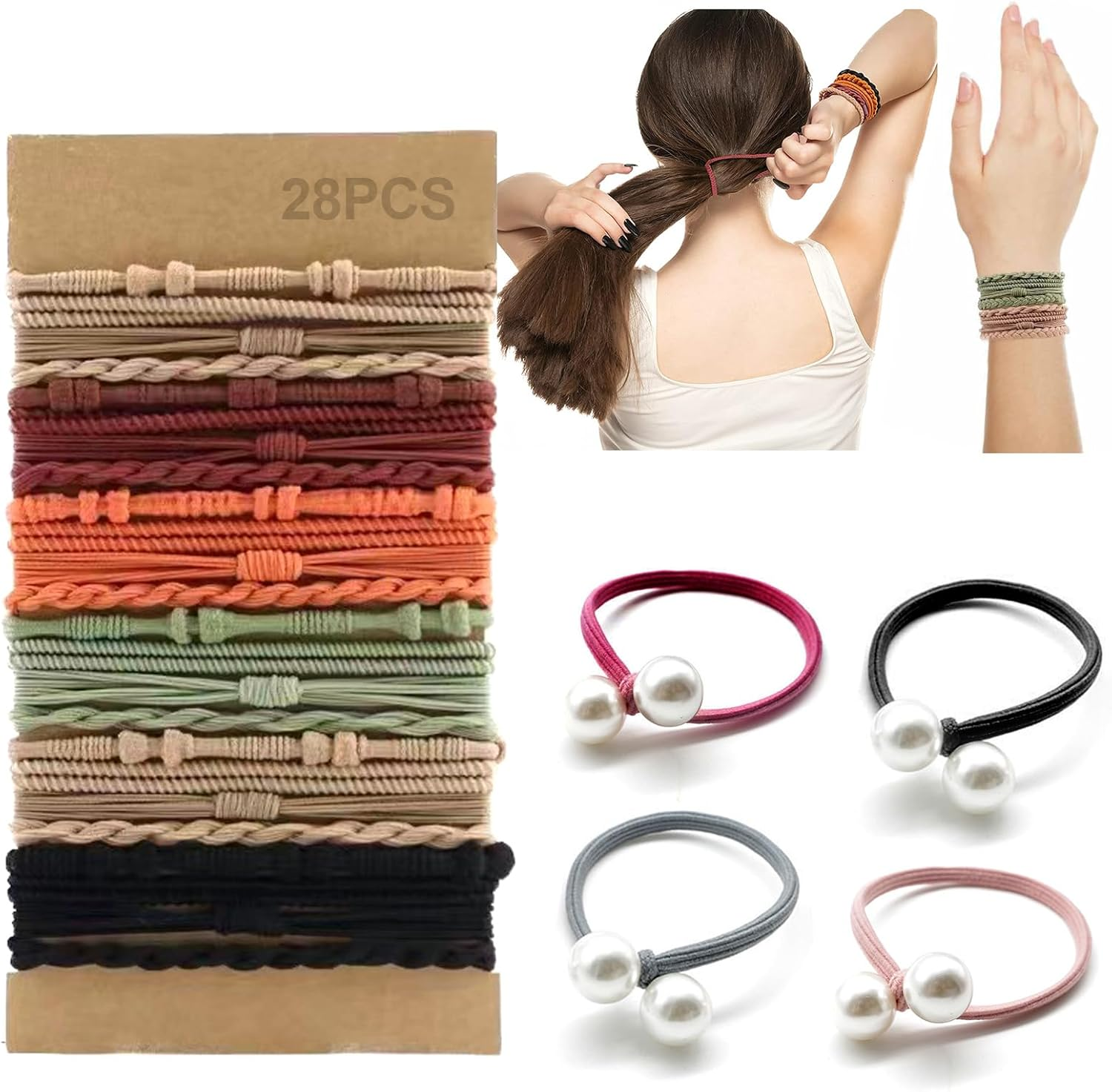 Zurligi 28 Pcs Boho Hair Ties, Hair Tie Bracelets for Women and Girls, 7 Styles 10 Colors No Damage Ponytail Holders for Thick/Medium/Long Hair image number 3