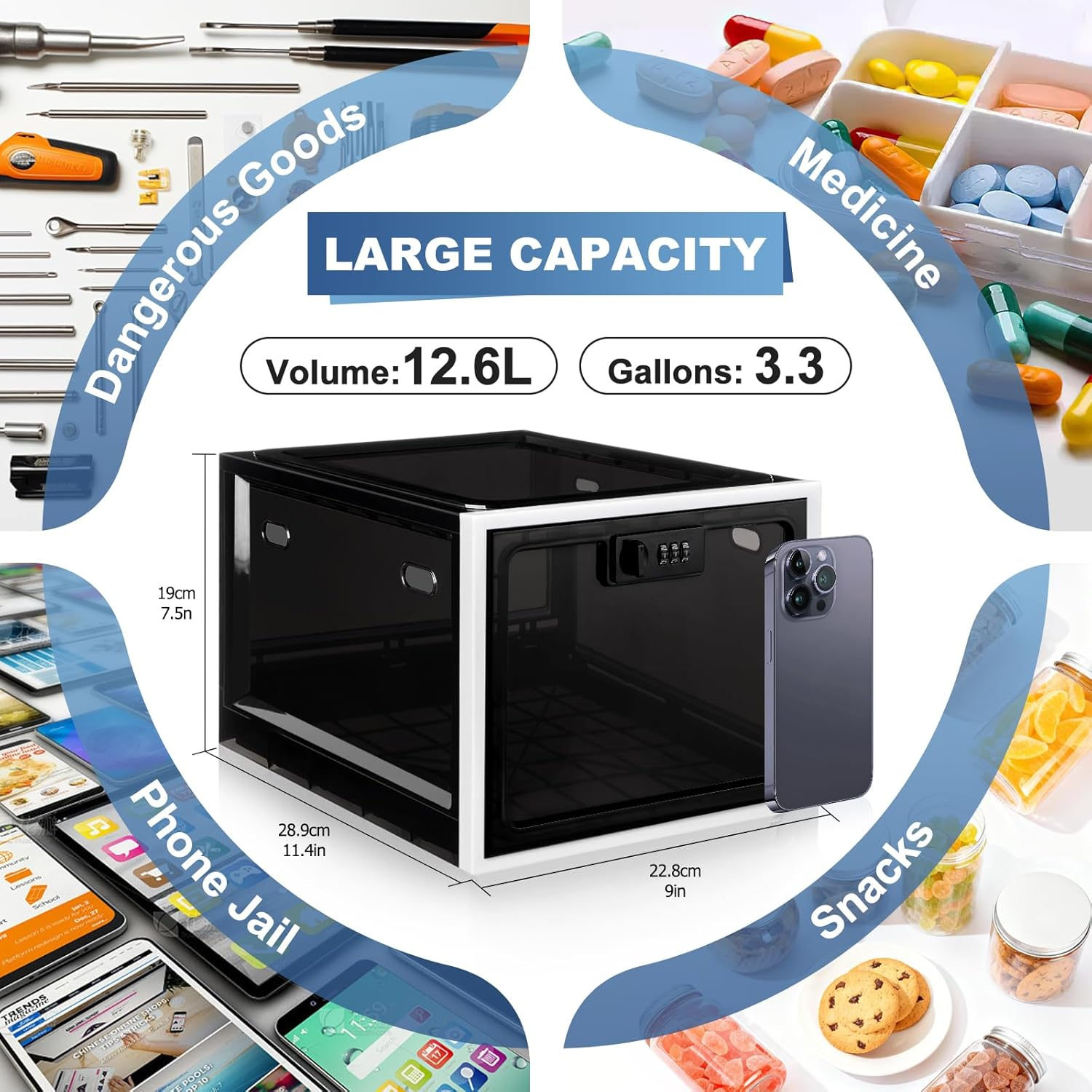 Lockable Box, Medicine Lock Box for Safe Medication, Premium Material Lockable Storage Box Locking Organizer Bin for Fridge Food/Snacks/Phone/Tablet Jail/Home Safety image number 1