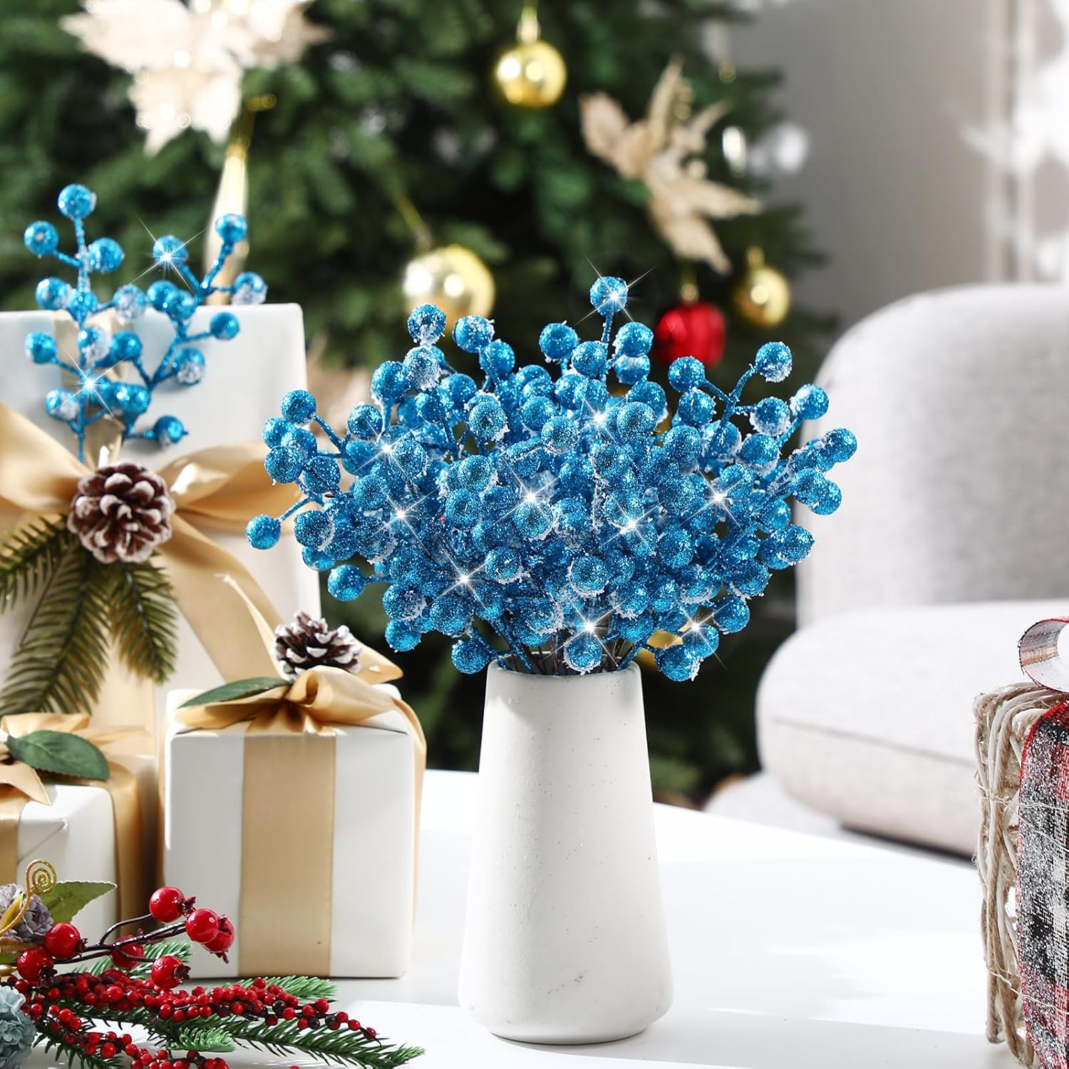 Geosar 30 Pieces Artificial Christmas Berry Picks with Snowflake Glitter Artificial Holly Berry Stems for Christmas Tree Ornaments Vases DIY Crafts Home Wedding Party Holiday Decor(Light Blue) image number 3