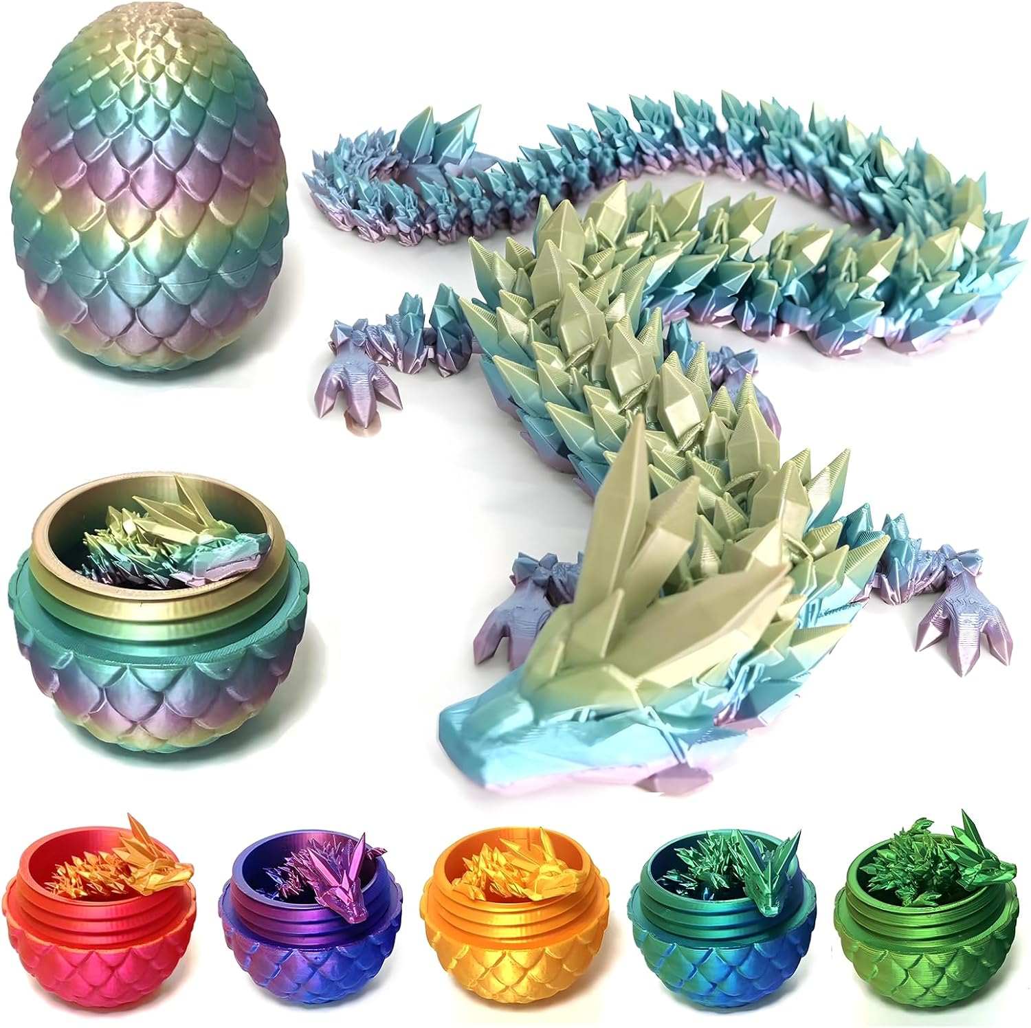 3D Printed Crystal Dragon Fidget Toy for Adults - Articulated Posable Surprise in Egg - Gifts for Home Office Desk Decor (Colorful)