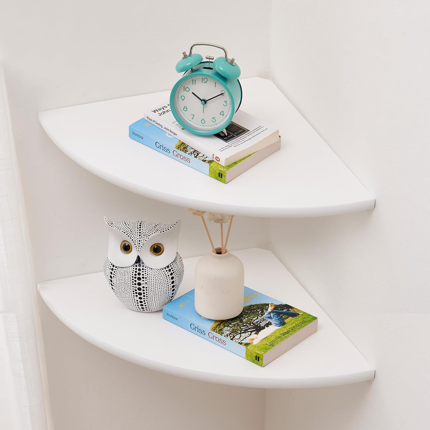 Corner Shelf, White Floating Corner Shelf, Set of 2 16Inch Solid Oak Wood Corner Wall Shelves, round End Wall Mount Display Shelf with Wire Hole for Small Plant for Bedroom Kitchen, Living Room image number 3