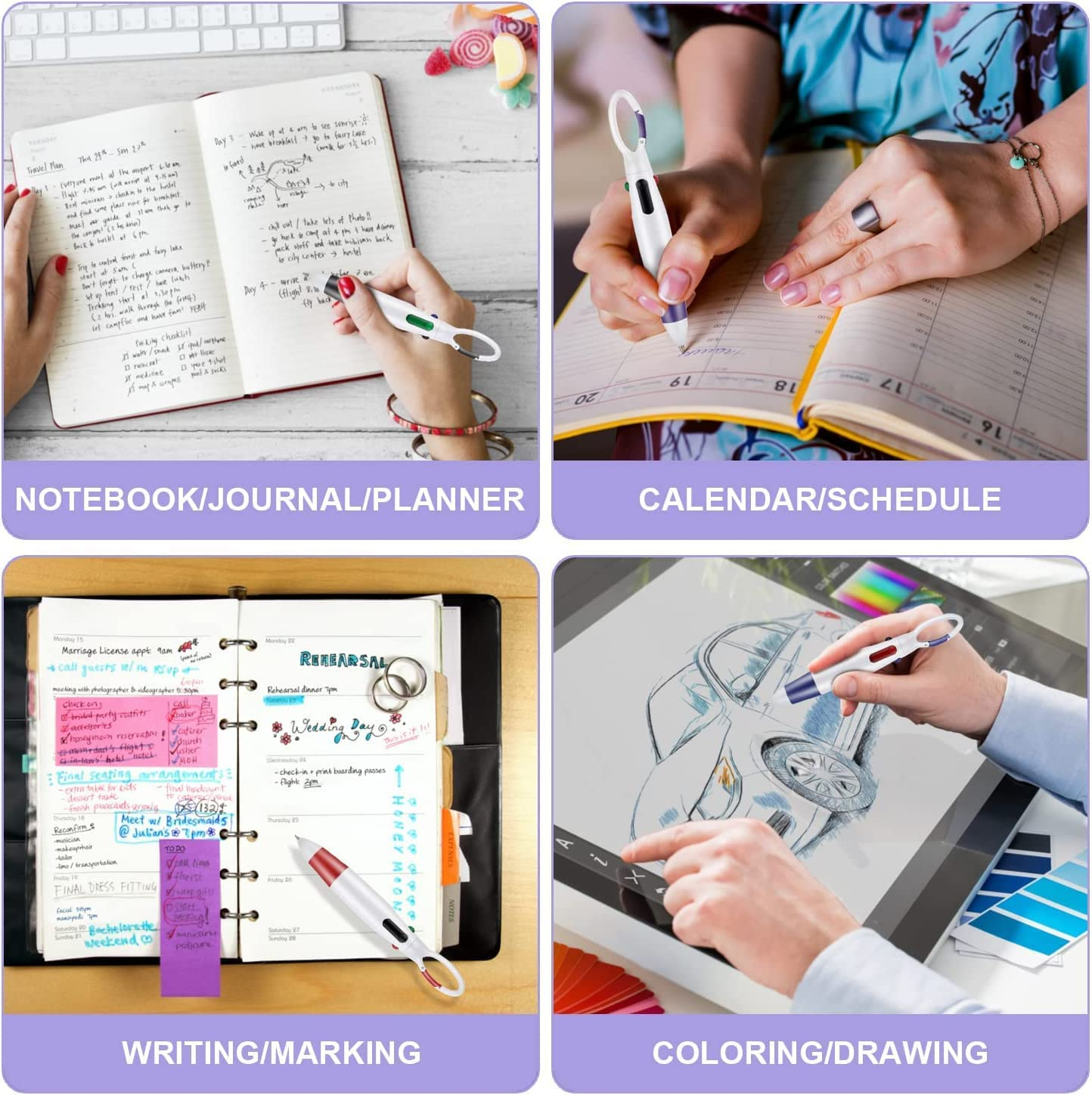 Retractable Shuttle Pens, 4 Count 4-In-1 Multicolor Ballpoint Pens 1.0Mm Retractable Pen with Carabiner Clip Ballpoint Gift Pens for Office School Supplies Students Adults Nurses image number 5