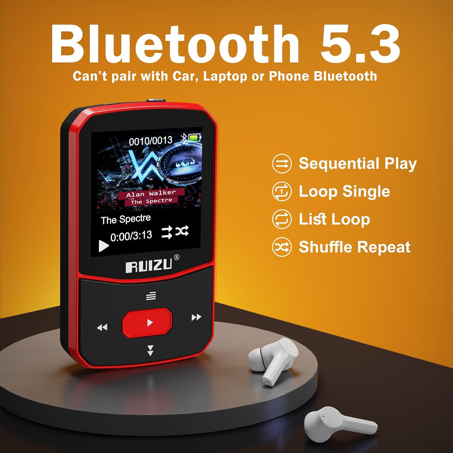 RUIZU 64GB Clip MP3 Player with Bluetooth 5.3, Portable Music Player for Sports Running, Voice Recorder, FM Radio, Pedometer, Digital Audio Shuffle Resume Playback, Support 128GB Micro SD Card, Red image number 1