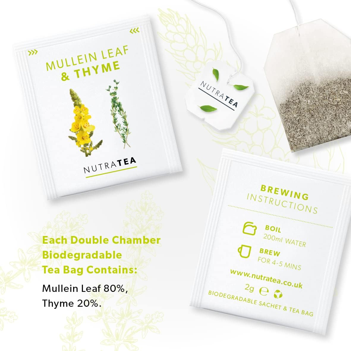 Nutratea Mullein Leaf & Thyme Tea | Mullein Leaf Tea - Soothing Blend to Support Respiratory Health. Teabags for Lungs & Throat - 20 Individaully Wrapped Bags - Herbal Tea (1 Pack) image number 1