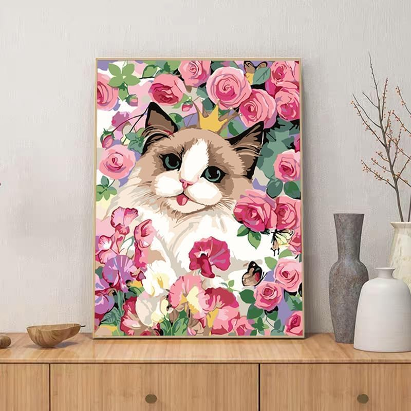 Paint by Number for Adults Beginners,12" Wx16 L Canvas for Painting Kits for Adults, Paint by Numbers for Home Wall Art Decor-Cat Flowers image number 4