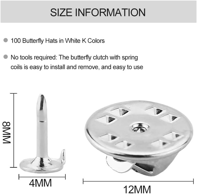 New 100 Piece Butterfly Clutch with Pins Safety Pins Hat Pin Badge Silver Color Metal Tie Back Lapel Butterfly Closure Fastening Practical and Popular Beautiful Design for DIY Jewelry Craft Making Silver image number 4