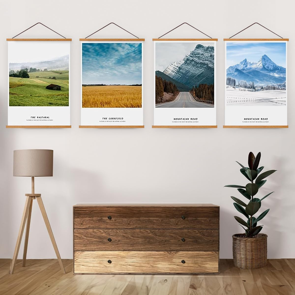 Proxima Direct 8 PCS Magnetic Wood Poster Frame 40 Cm/16 Inch Poster Hanger Rod Simple Teak Wood Photo Hanging Kit with Rope for Photos Canvas Prints Artwork Home Dorm Interior Decor image number 1