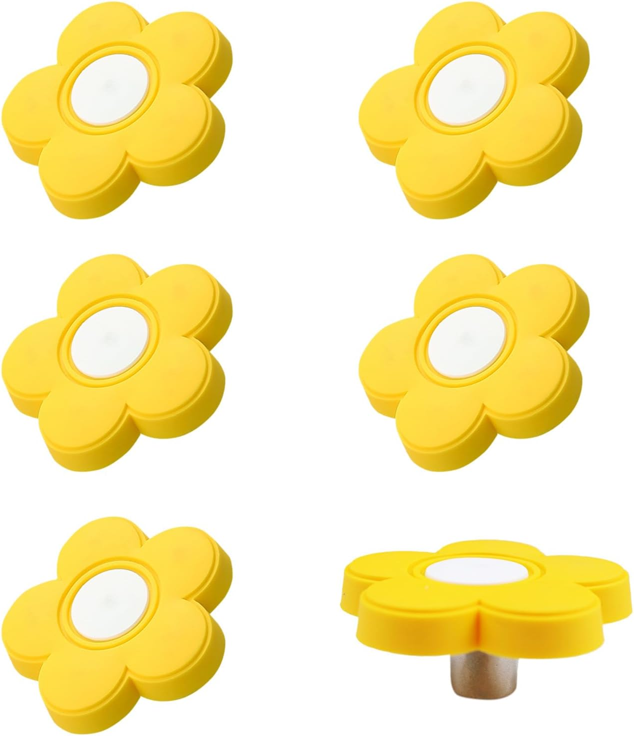 6Pcs Yellow Flower Shape Knobs - Soft Rubber Handles, Cabinet Drawer Pulls for Kids' Rooms & Closets, 1.8X1.8X0.85 Inch with Screws image number 3